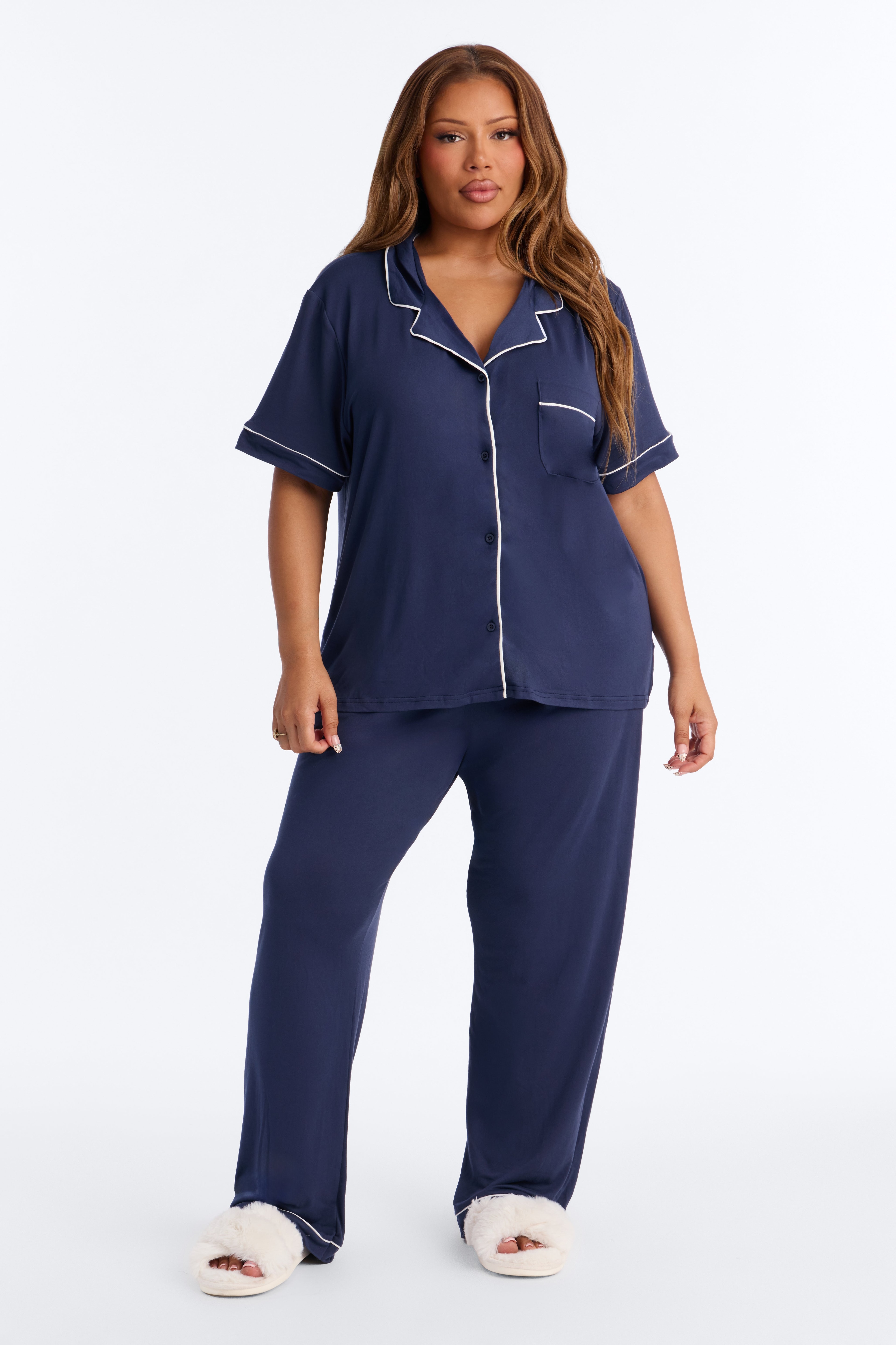 In The Morning PJ Short Sleeve Pant Set - Navy image 1