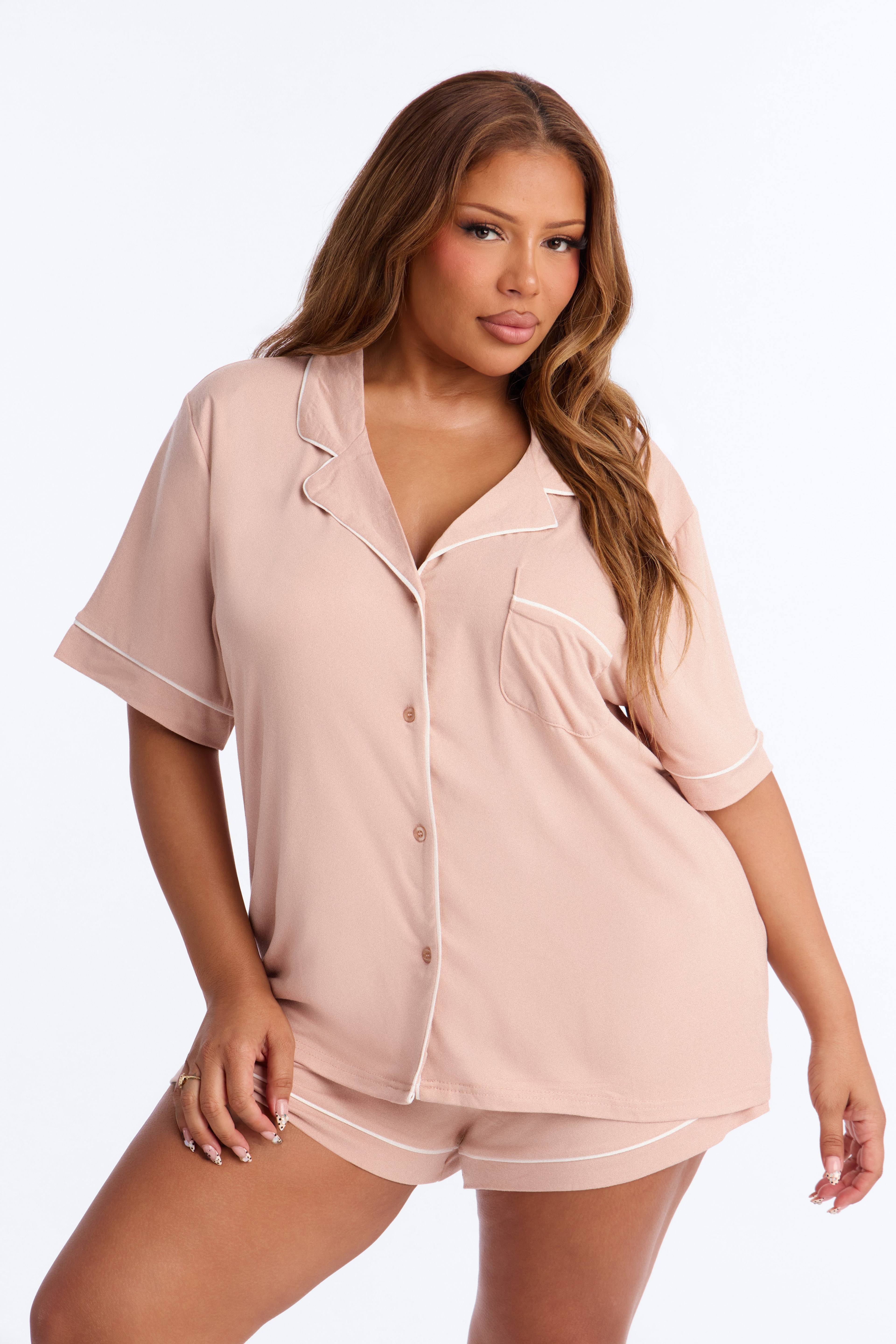 In The Morning PJ Short Sleeve Short Set - Mocha image 1