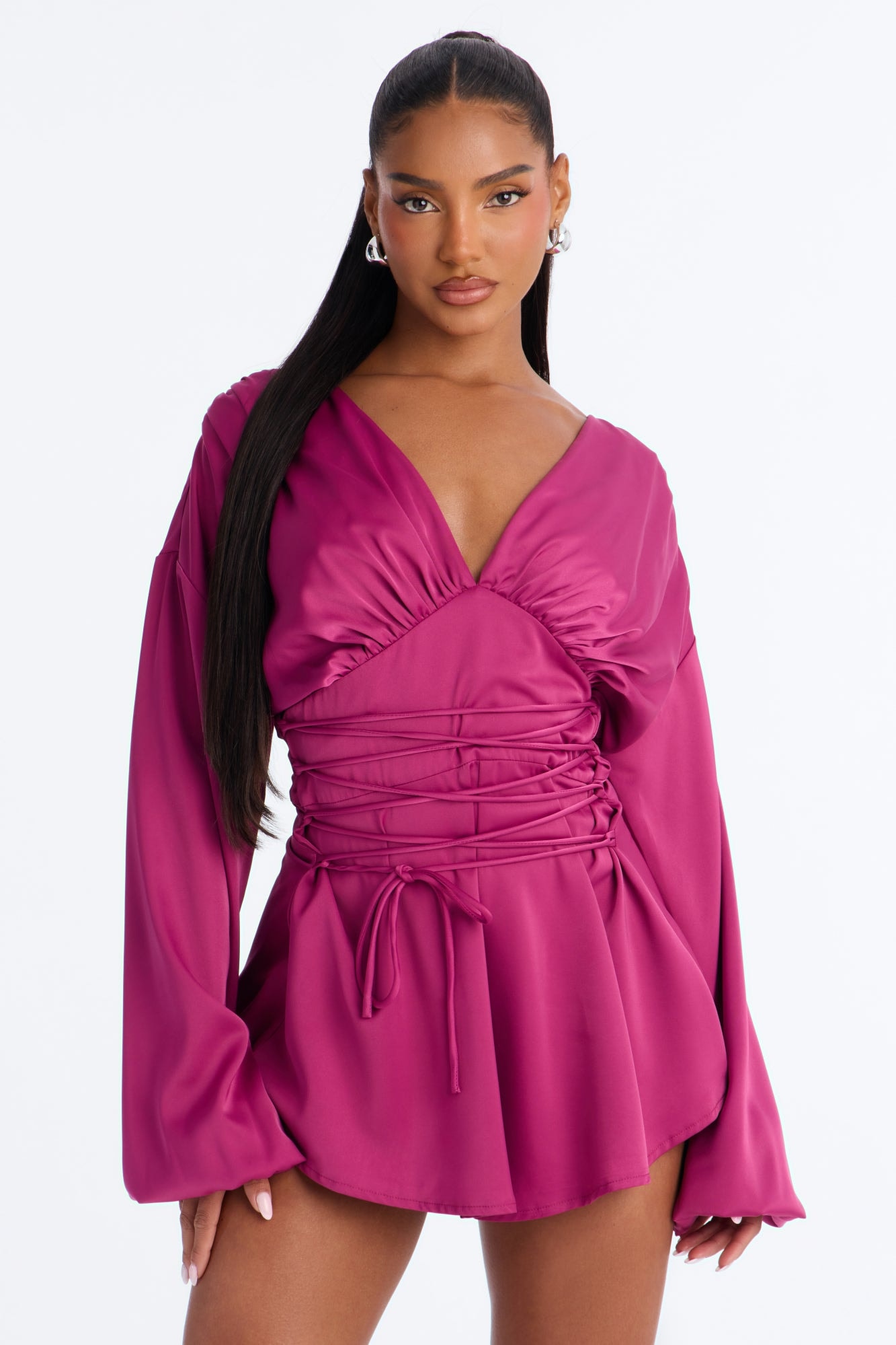 Mila Lace Up Satin Romper - Magenta alternate