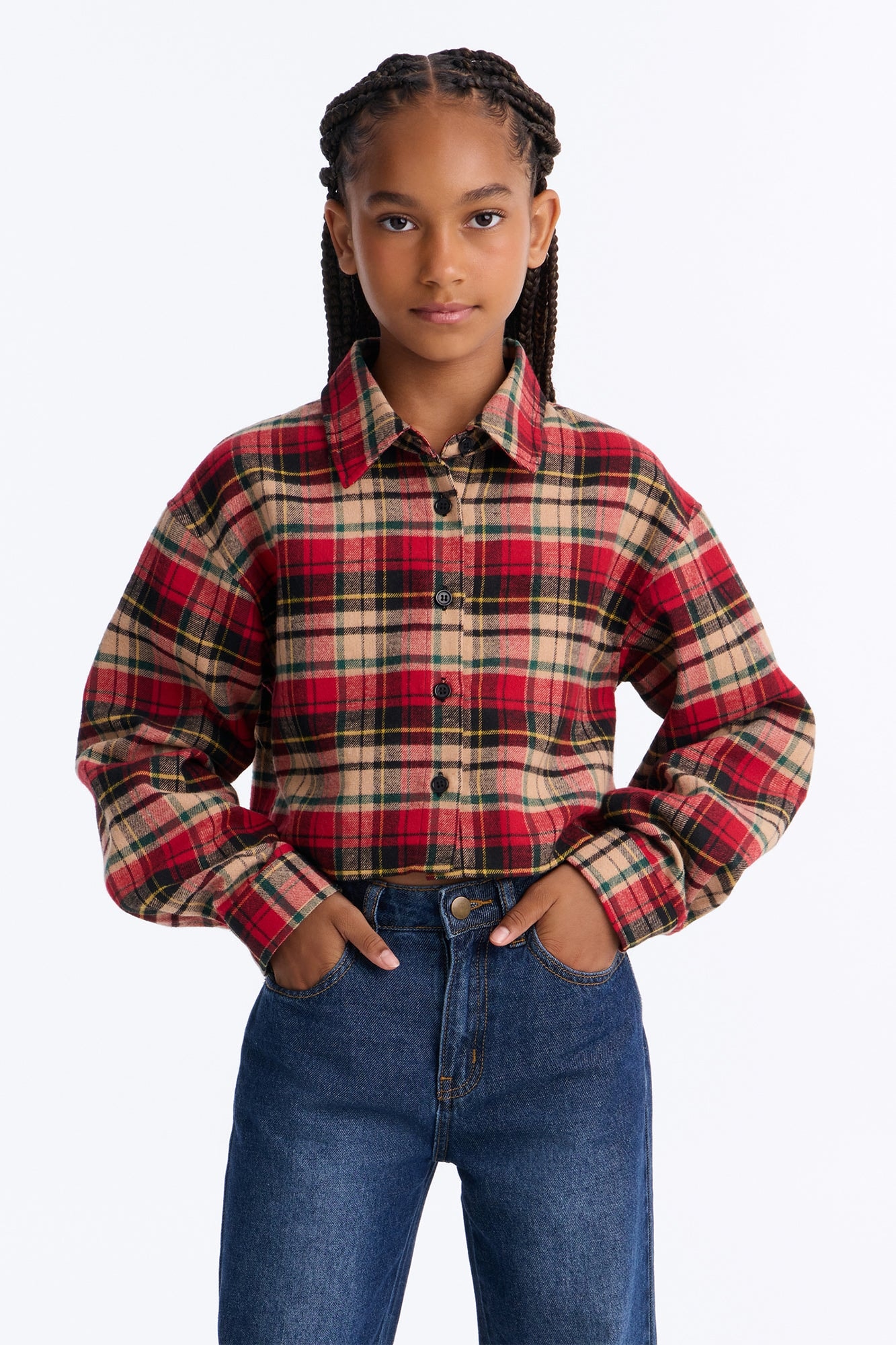 Mini Kira Cropped Plaid Flannel Shirt - Red/combo image 1