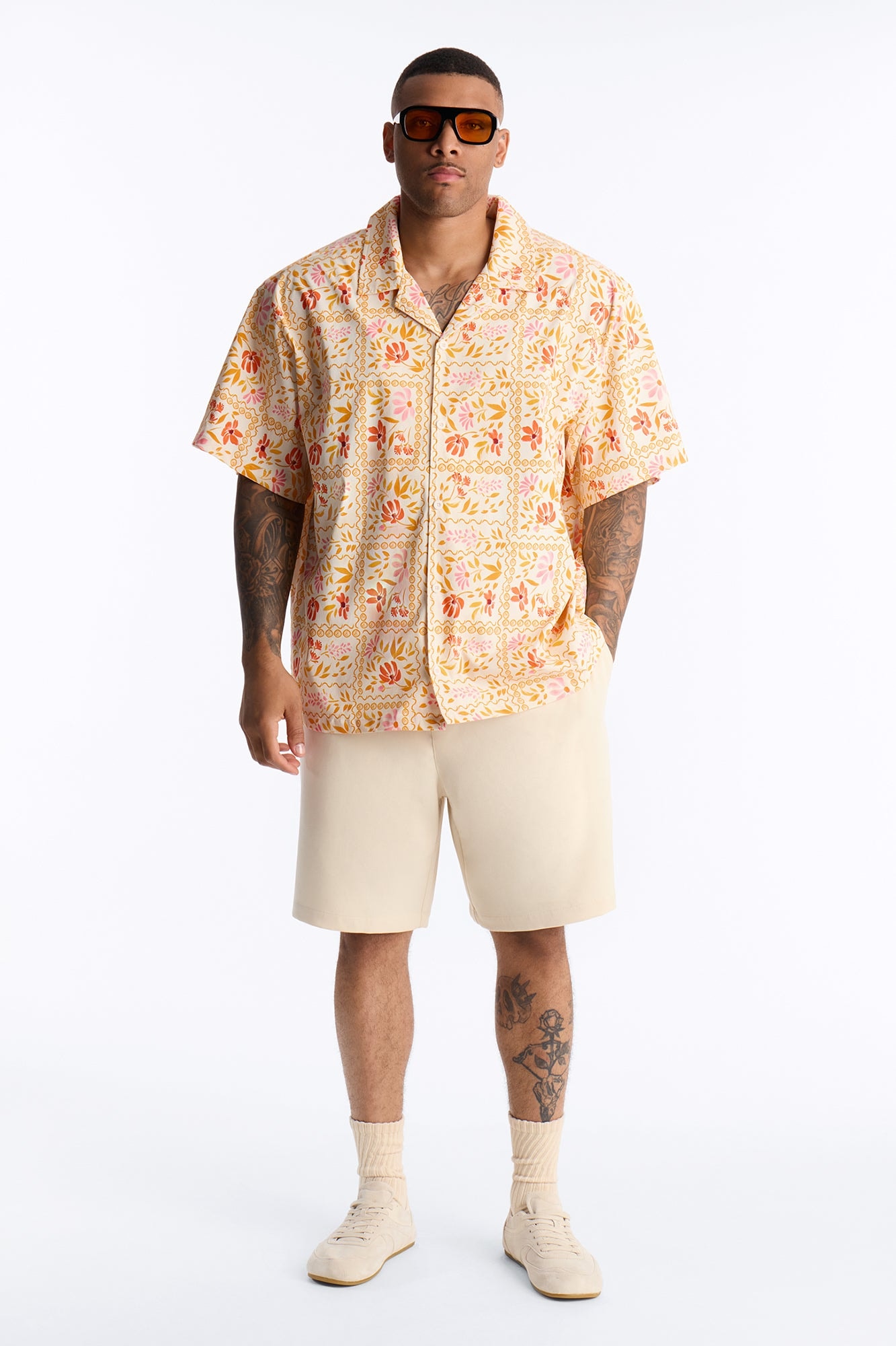 Relaxed Gardenia Cuban Collar Button Up Shirt - Orange/combo alternate