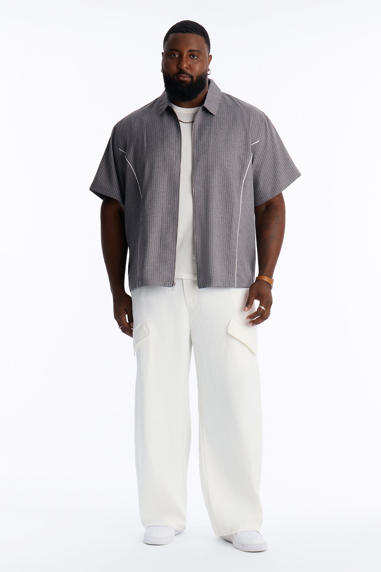 Relaxed Collegiate Pinstripe Zip Up Shirt - Grey/combo alternate