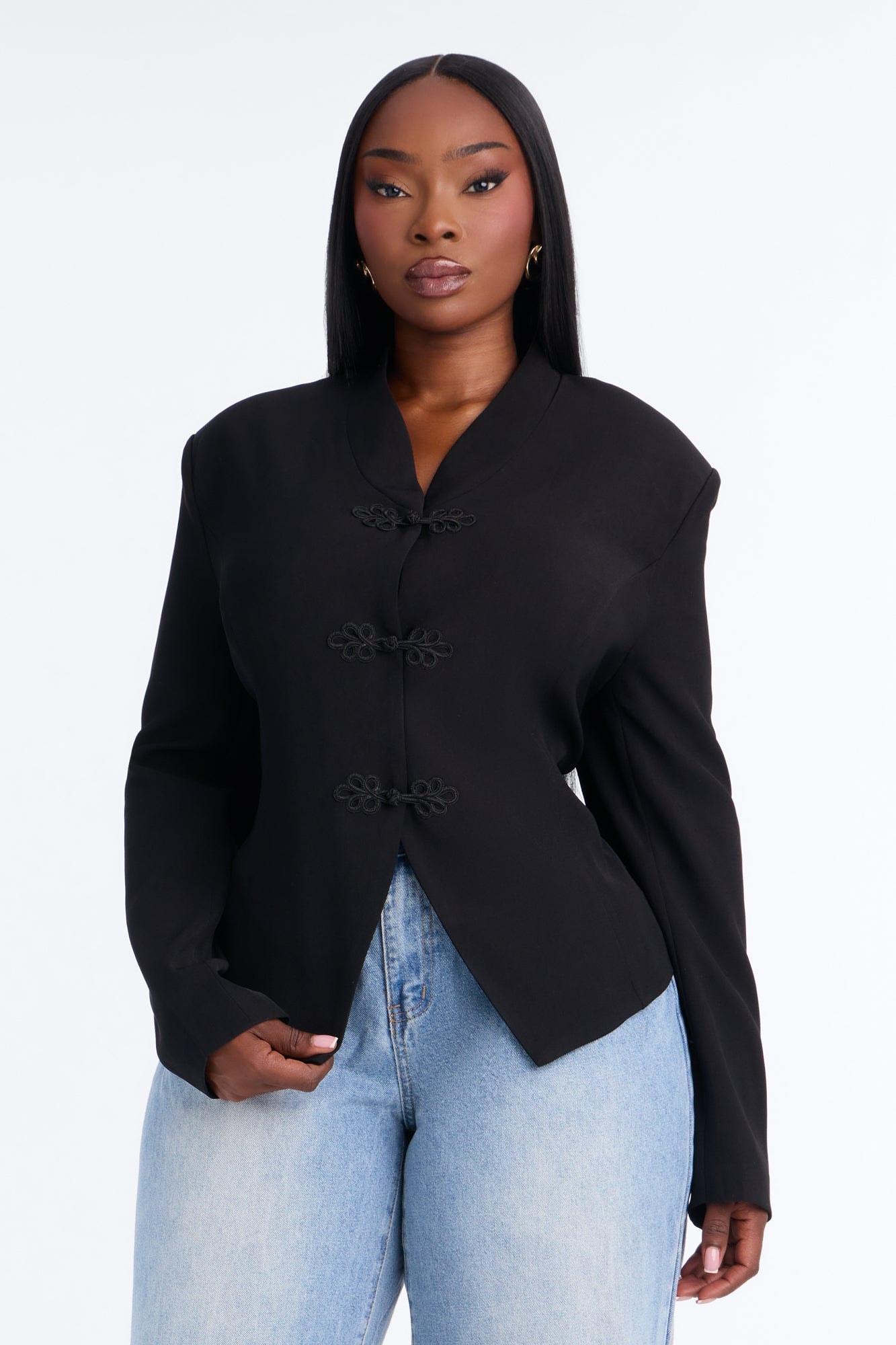 Marie Collarless Frog Closure Blazer - Black image 1