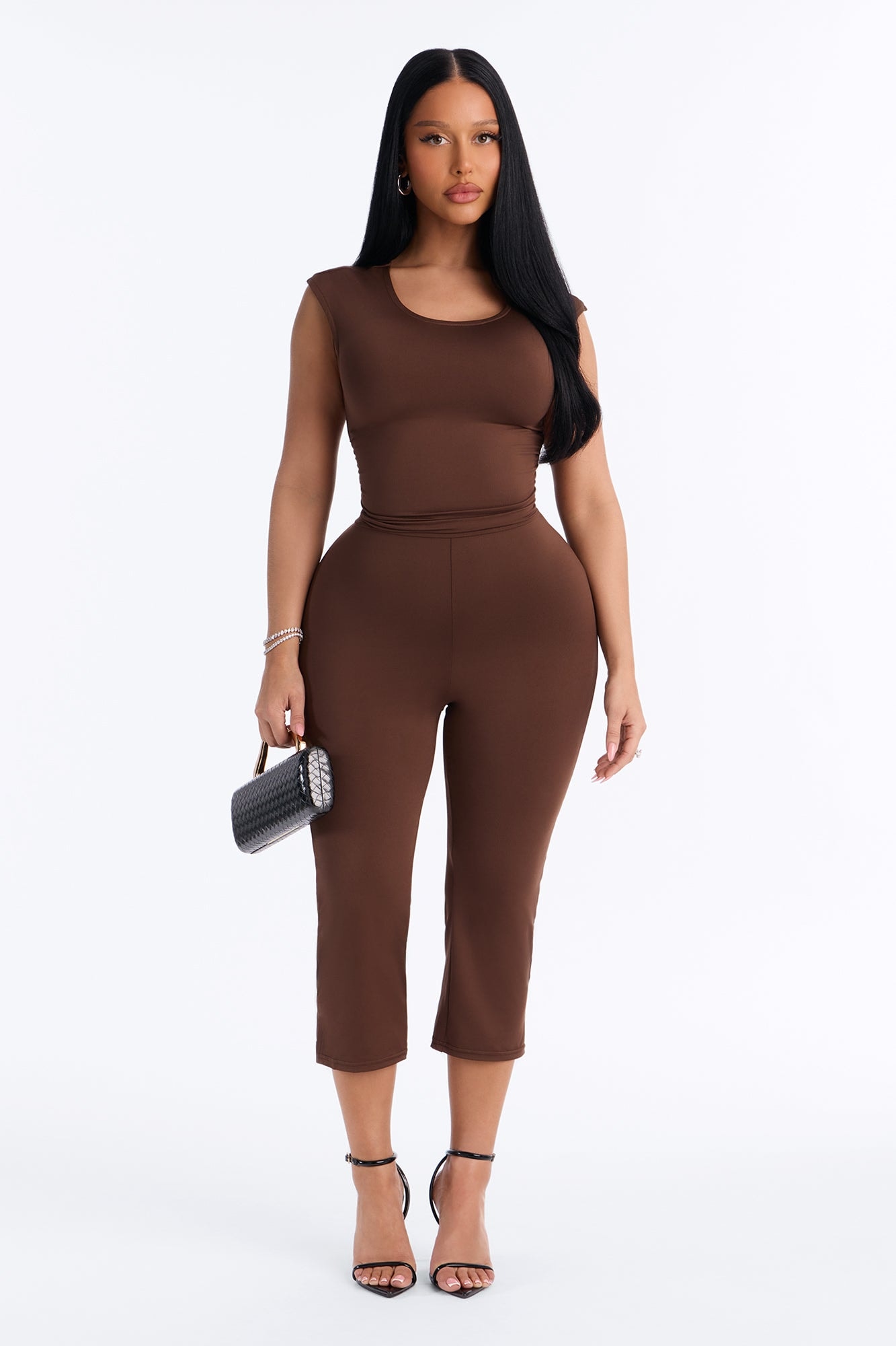 Kelly Open Back Capri Jumpsuit - Chocolate image 1
