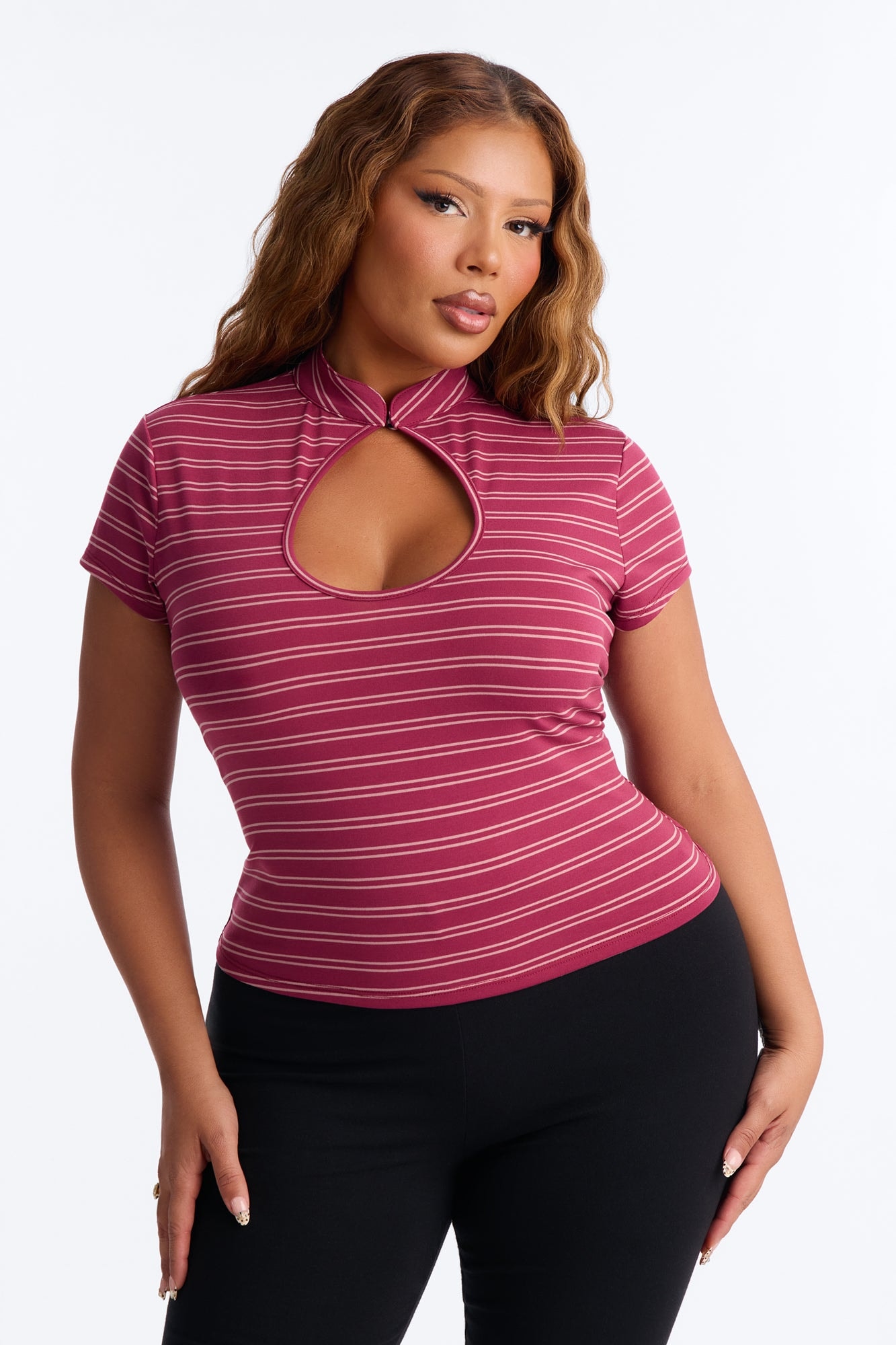 Lizzie Striped Mock Neck Short Sleeve Top - Burgundy/combo image 1