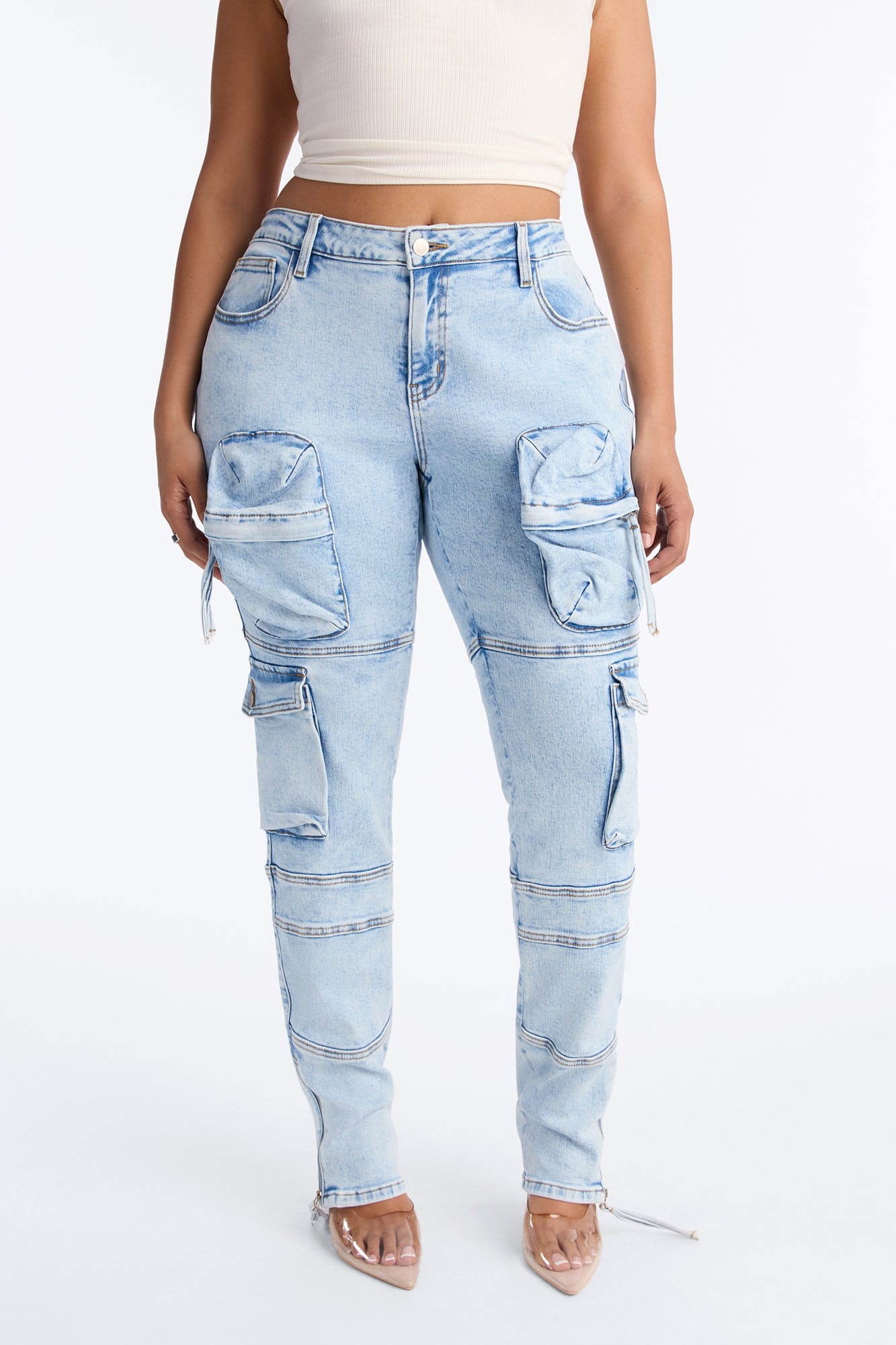 Street Smarts Stretch Slim Straight Cargo Jeans - Light Wash image 1
