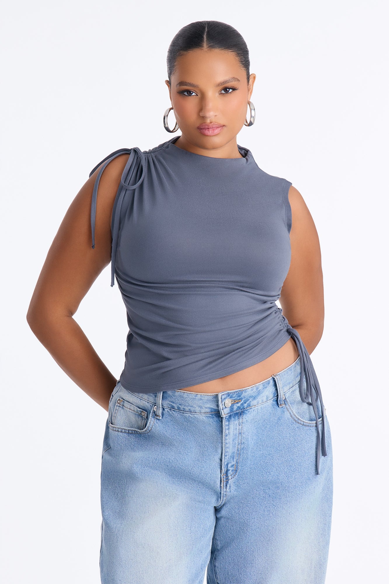 Devon Ruched Drawstring Mock Neck Top - Charcoal image 1