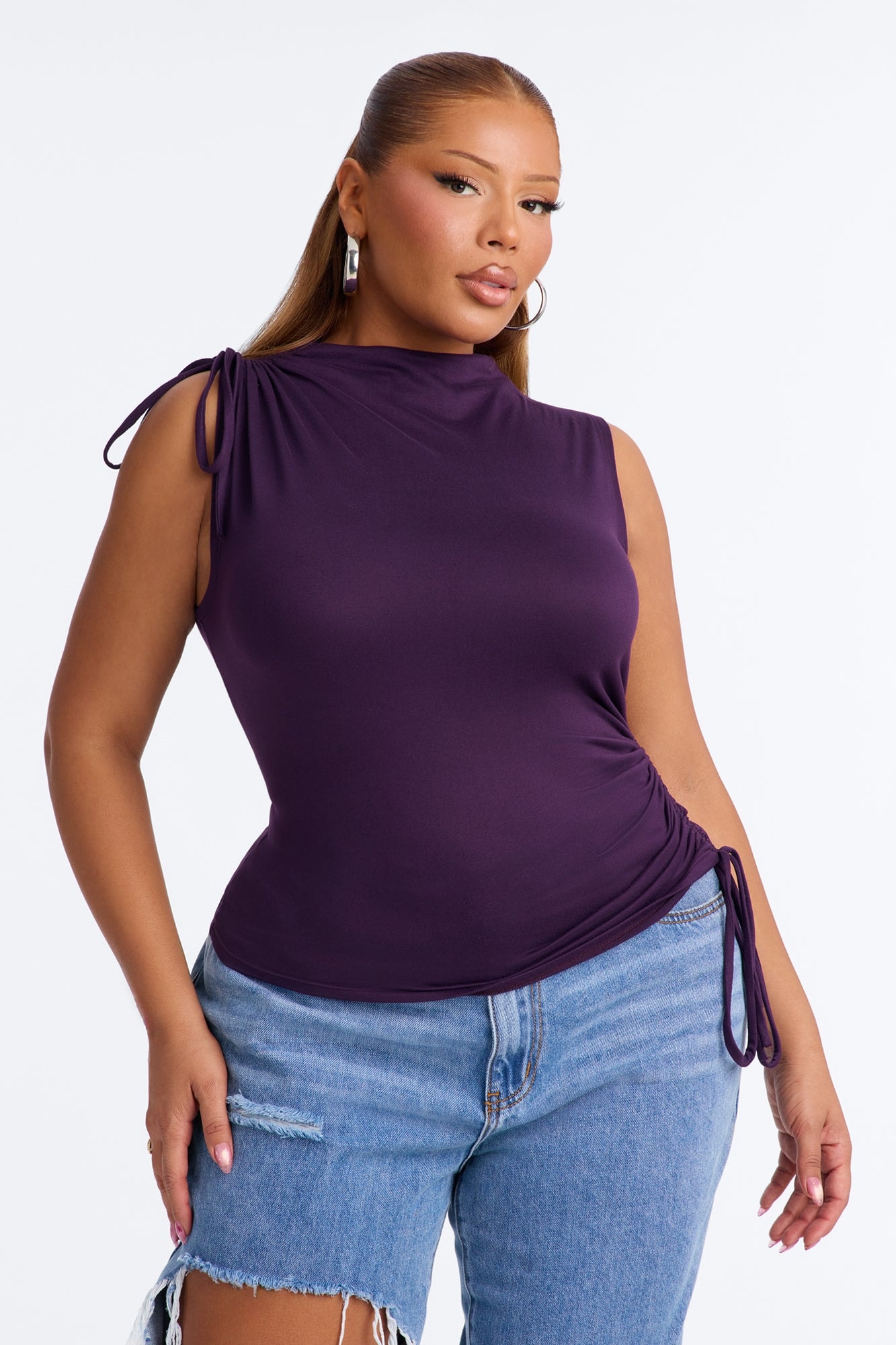 Devon Ruched Drawstring Mock Neck Top - Plum image 1