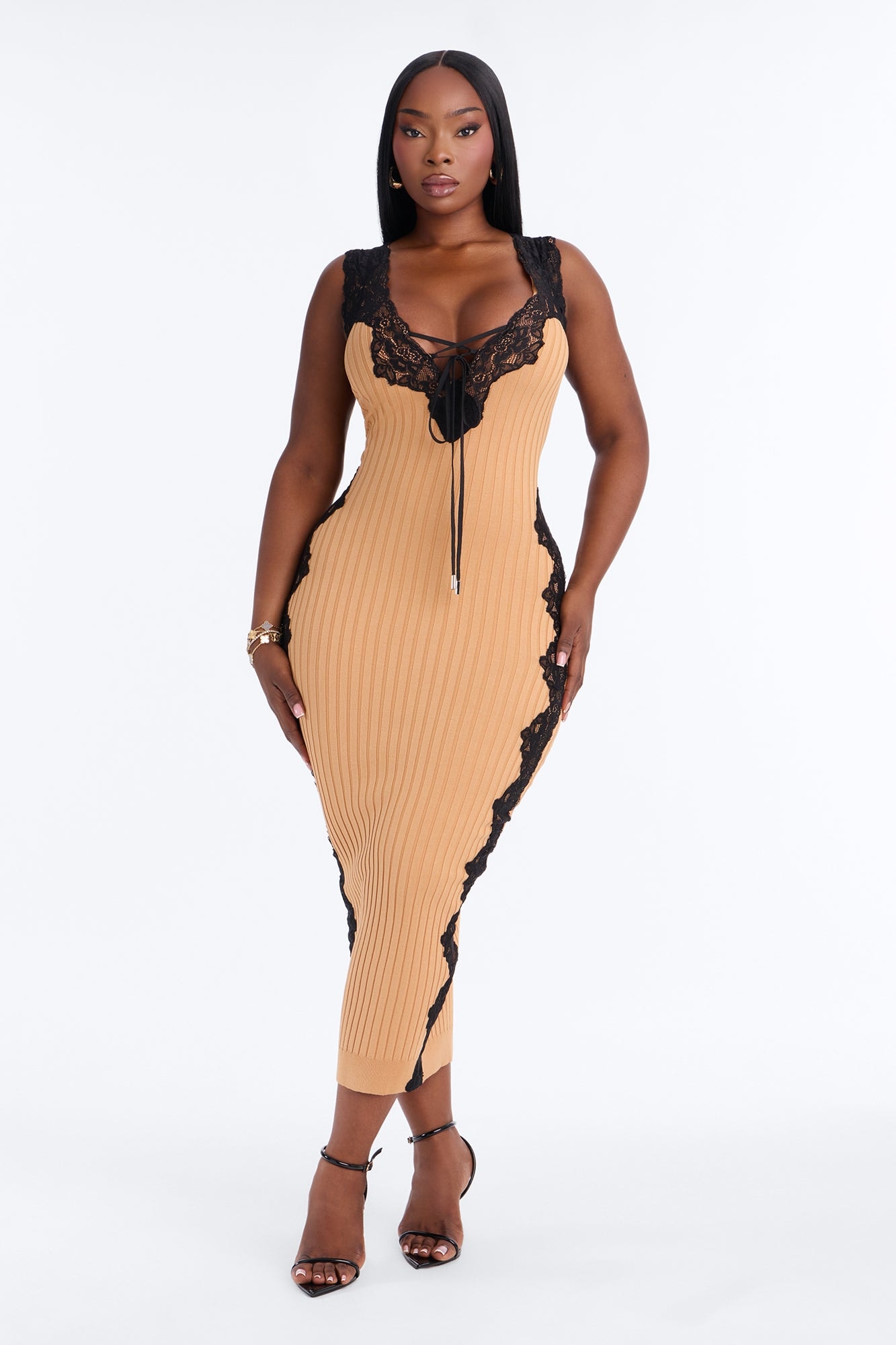Look Twice Ribbed Midi Dress - Mocha/combo image 1