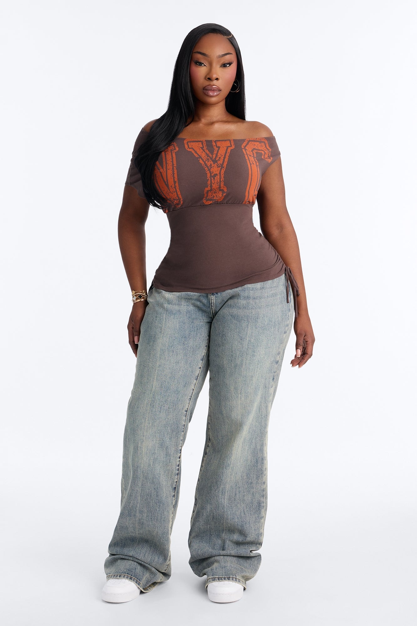 NYC Varsity Off Shoulder Tie Ruched Tee - Chocolate alternate
