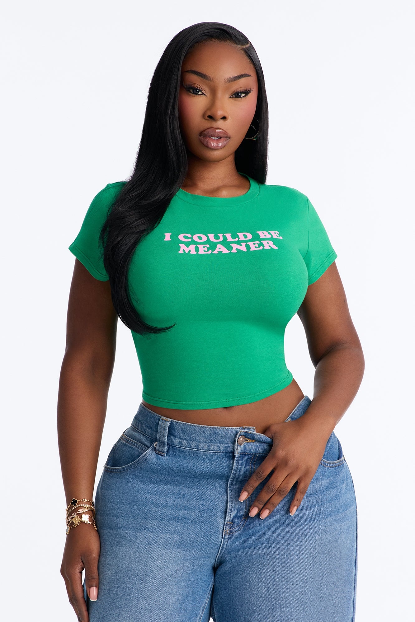I Could Be Meaner Cropped Baby Tee - Green/combo image 1