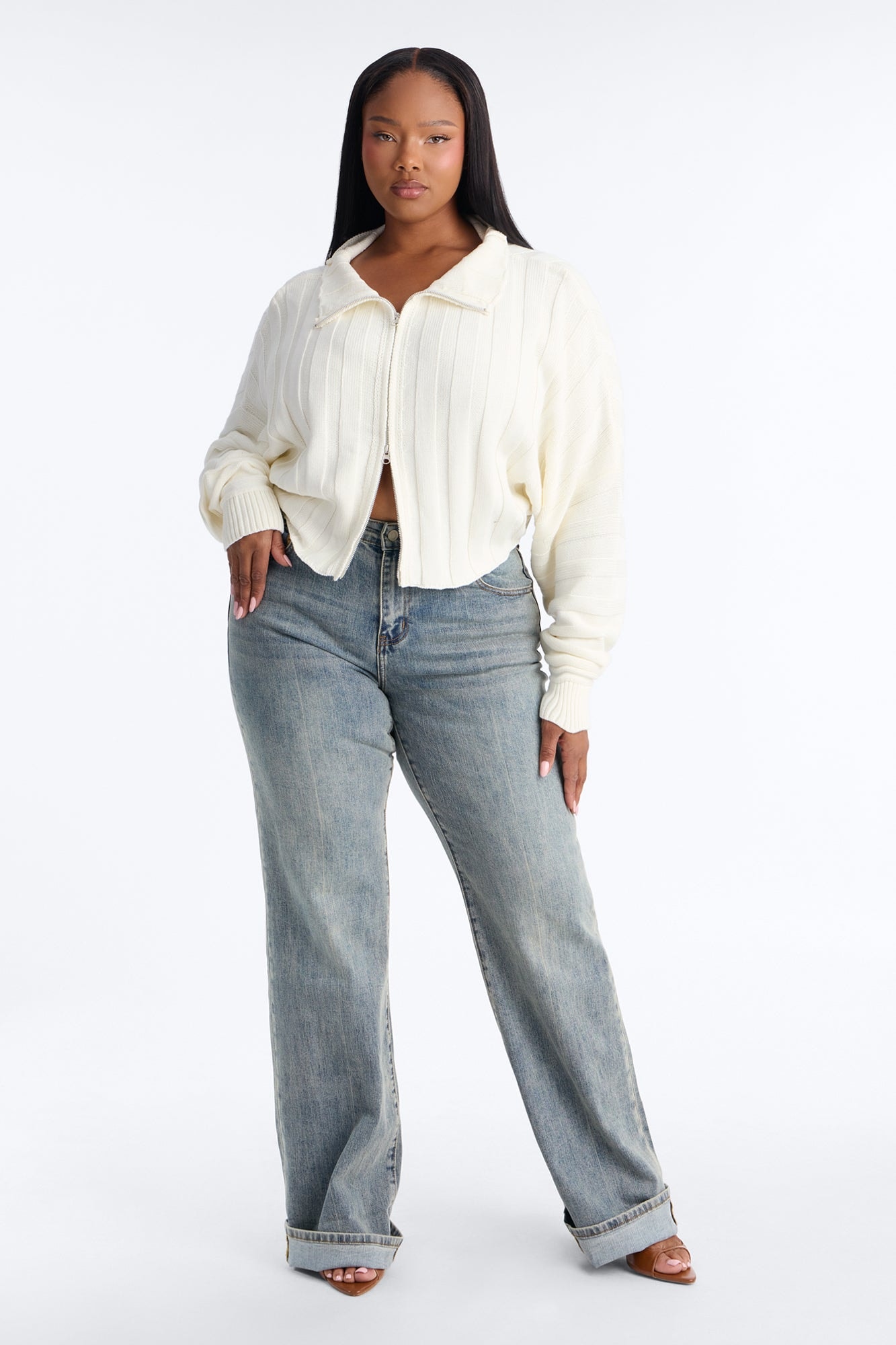 Cozy Girl Zip Front Cropped Cardigan Sweater - White image 1