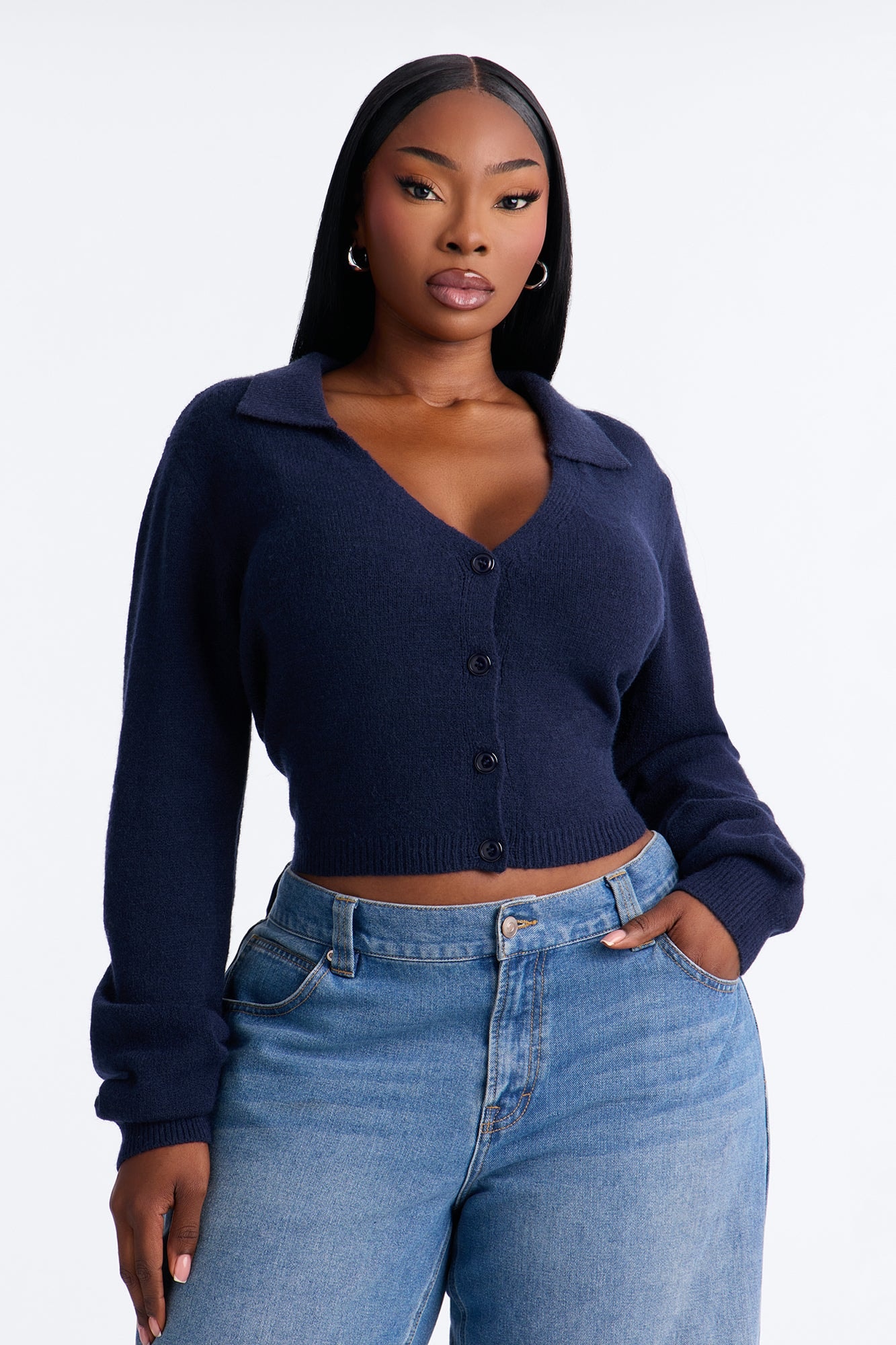 Slowing Down Collar Cropped Cardigan - Navy image 1