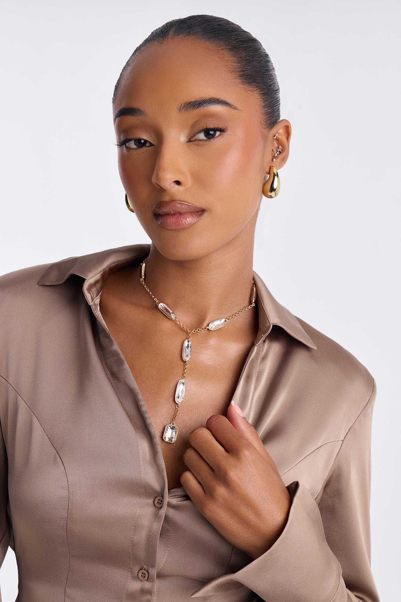 Pieces Of Me Rhinestone Lariat Necklace - Gold image 1