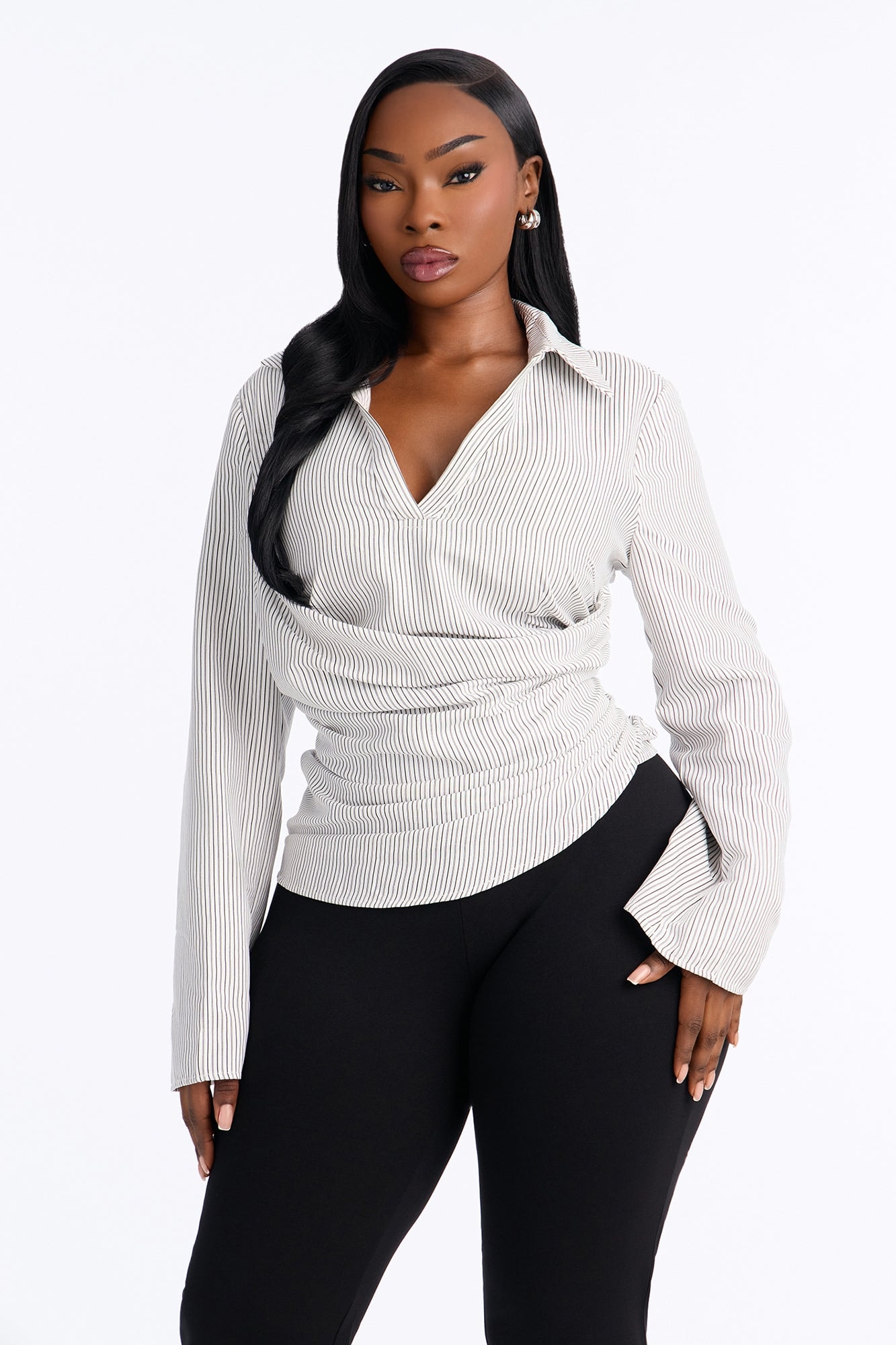 Modern Girl Ruched Pinstripe Top - White/Black image 1