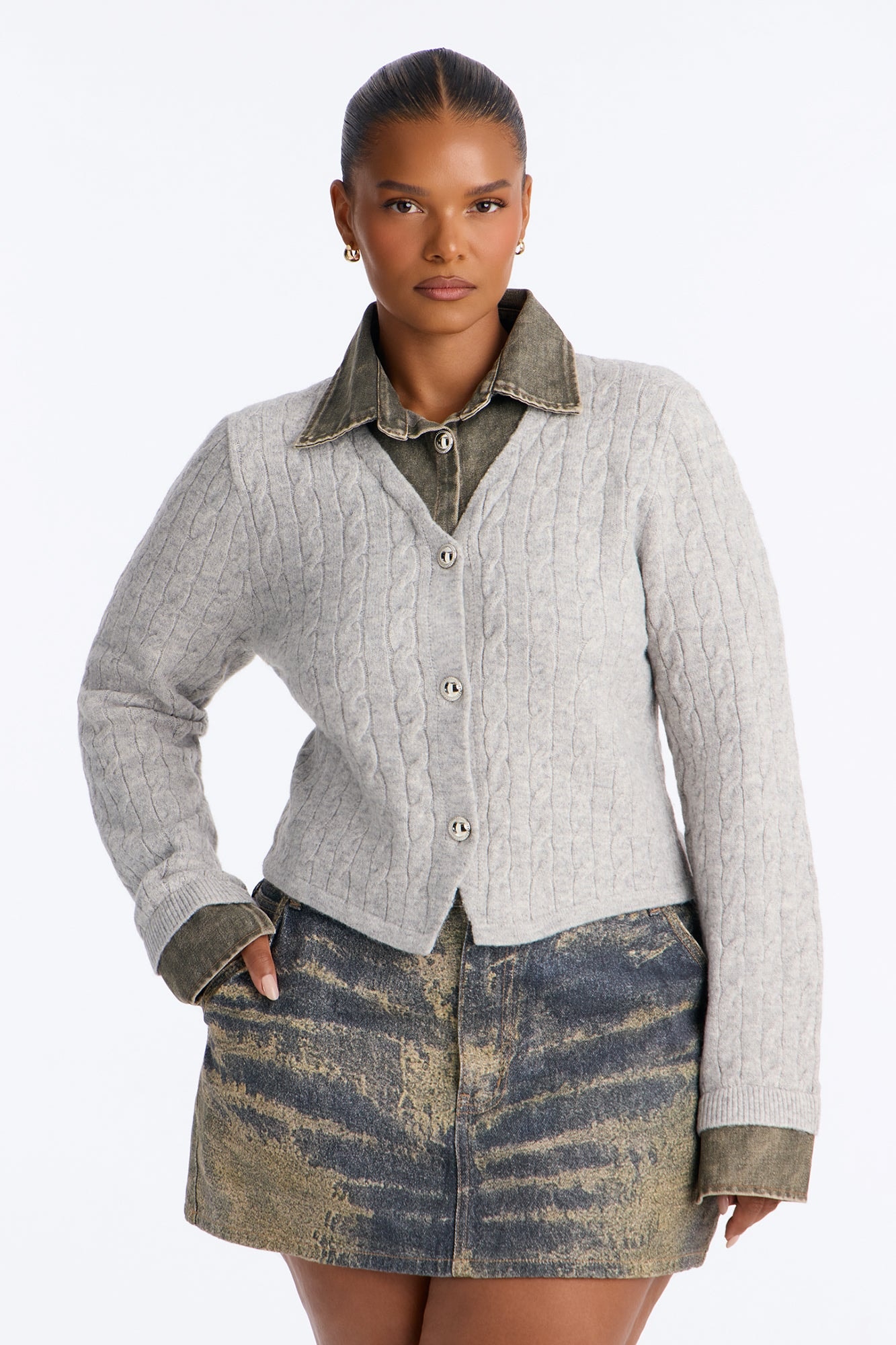 All Too Well Denim Contrast Cable Knit Cardigan - Heather/Combo image 1