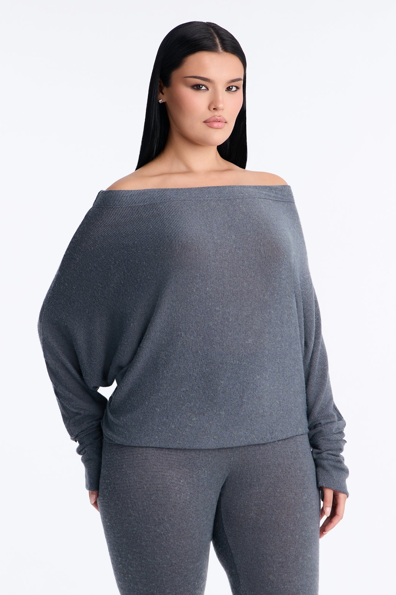 Clara Off Shoulder Hacci Capri Set - Grey alternate