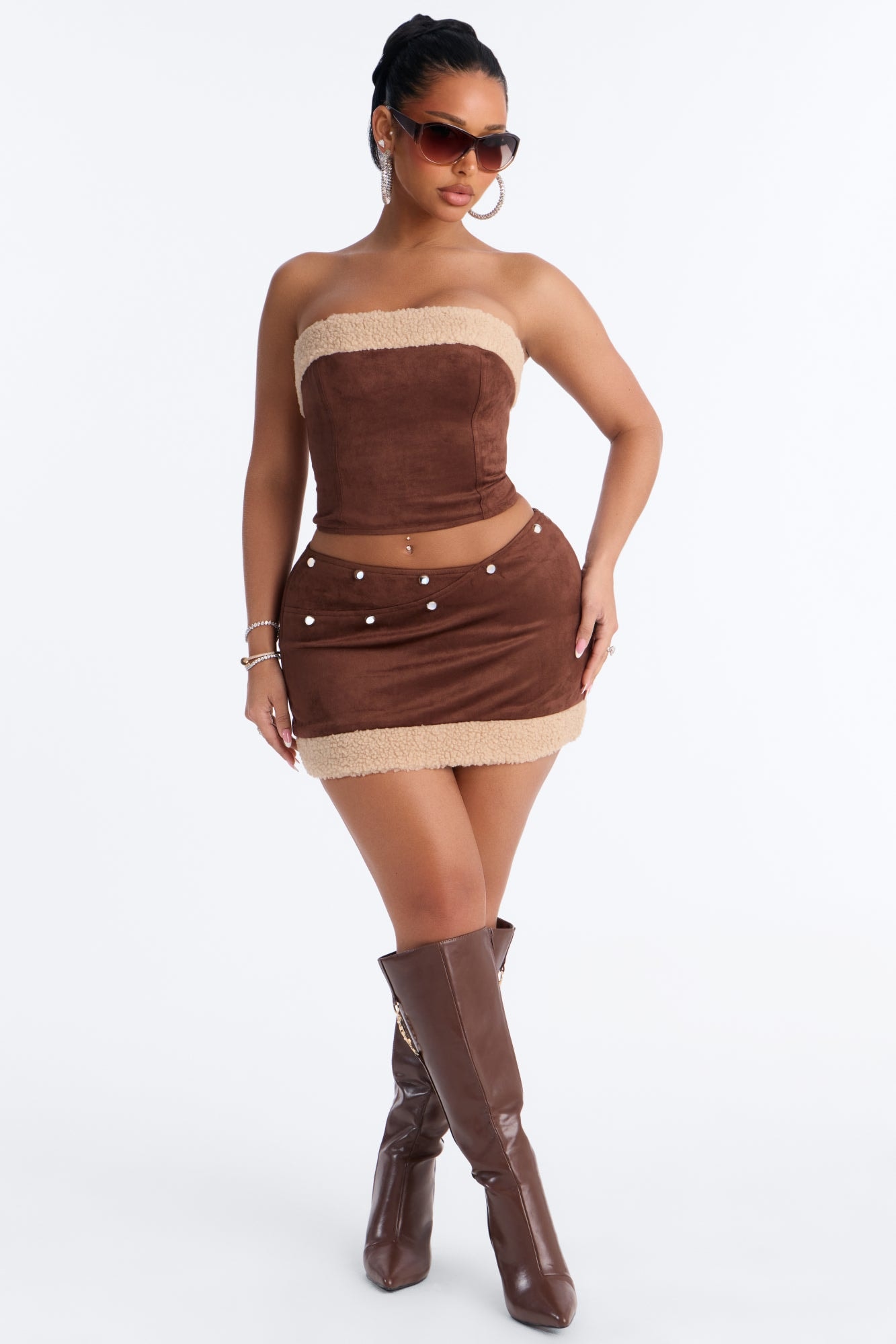 Greta Faux Suede Skirt Set - Brown image 1