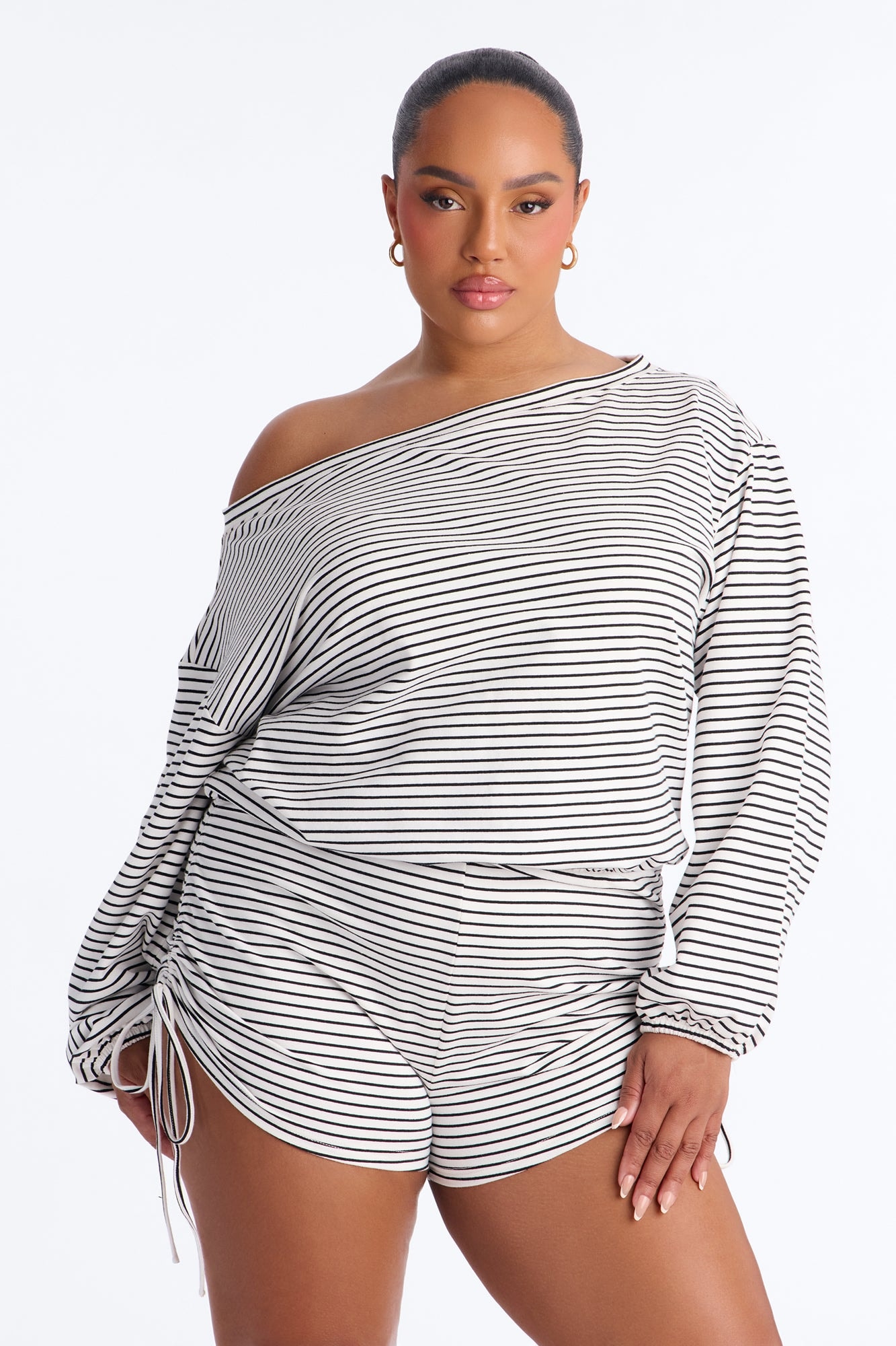 Simple Pleasures Off Shoulder Striped Romper - White/Black image 1