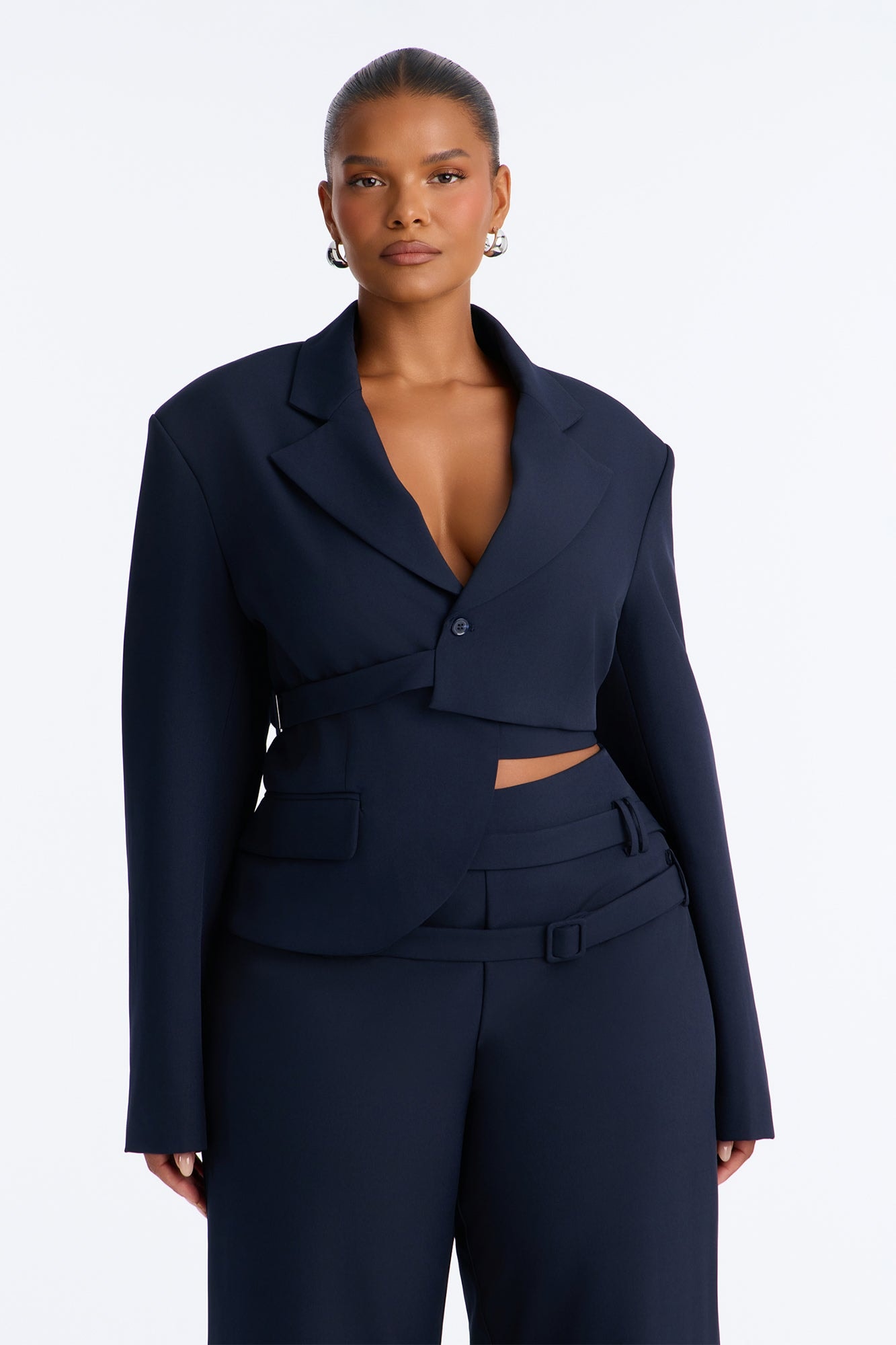 Roxie Asymmetrical Cropped Belted Waist Blazer - Navy image 1