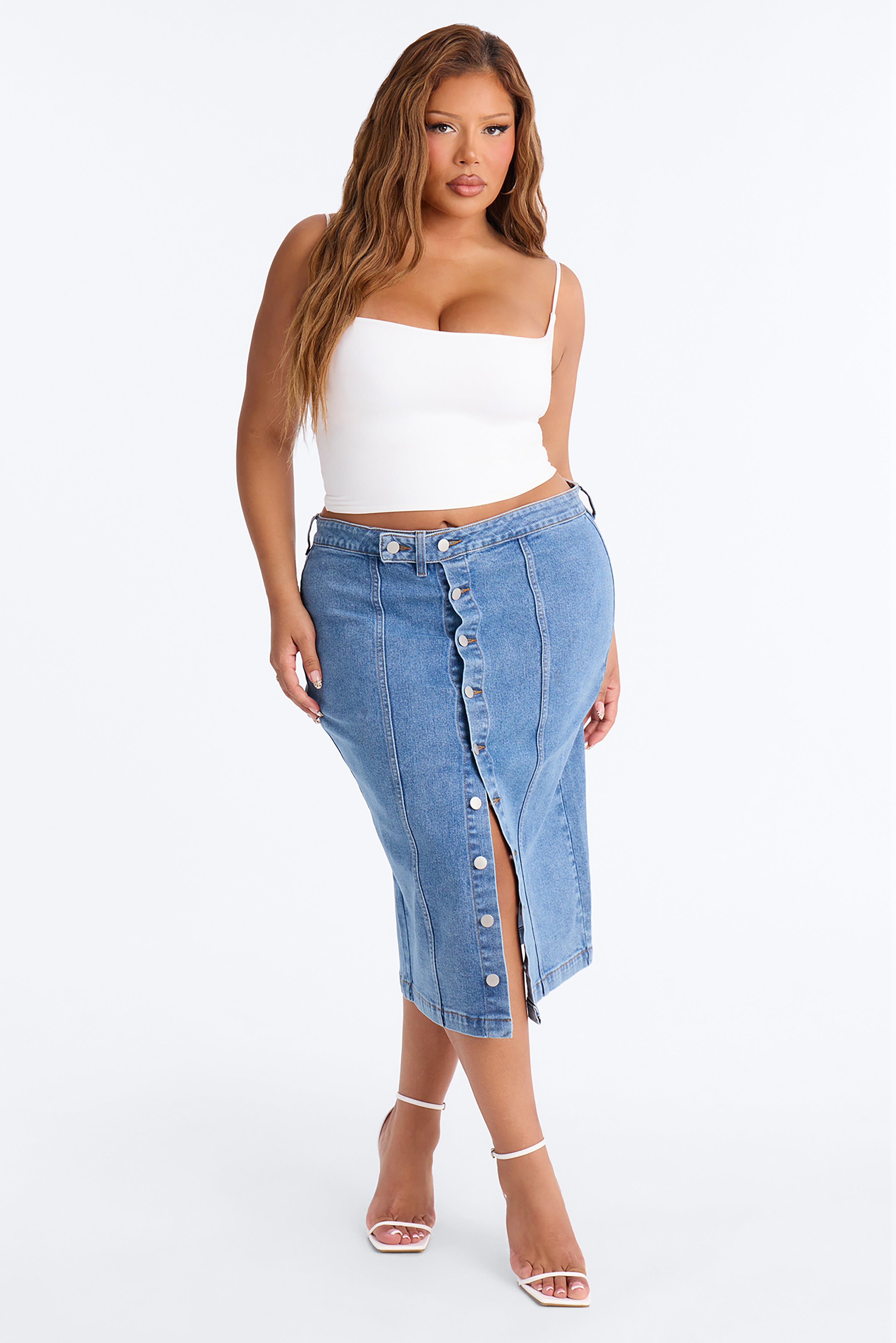 Right On The Line Denim Midi Skirt - Medium Wash image 1