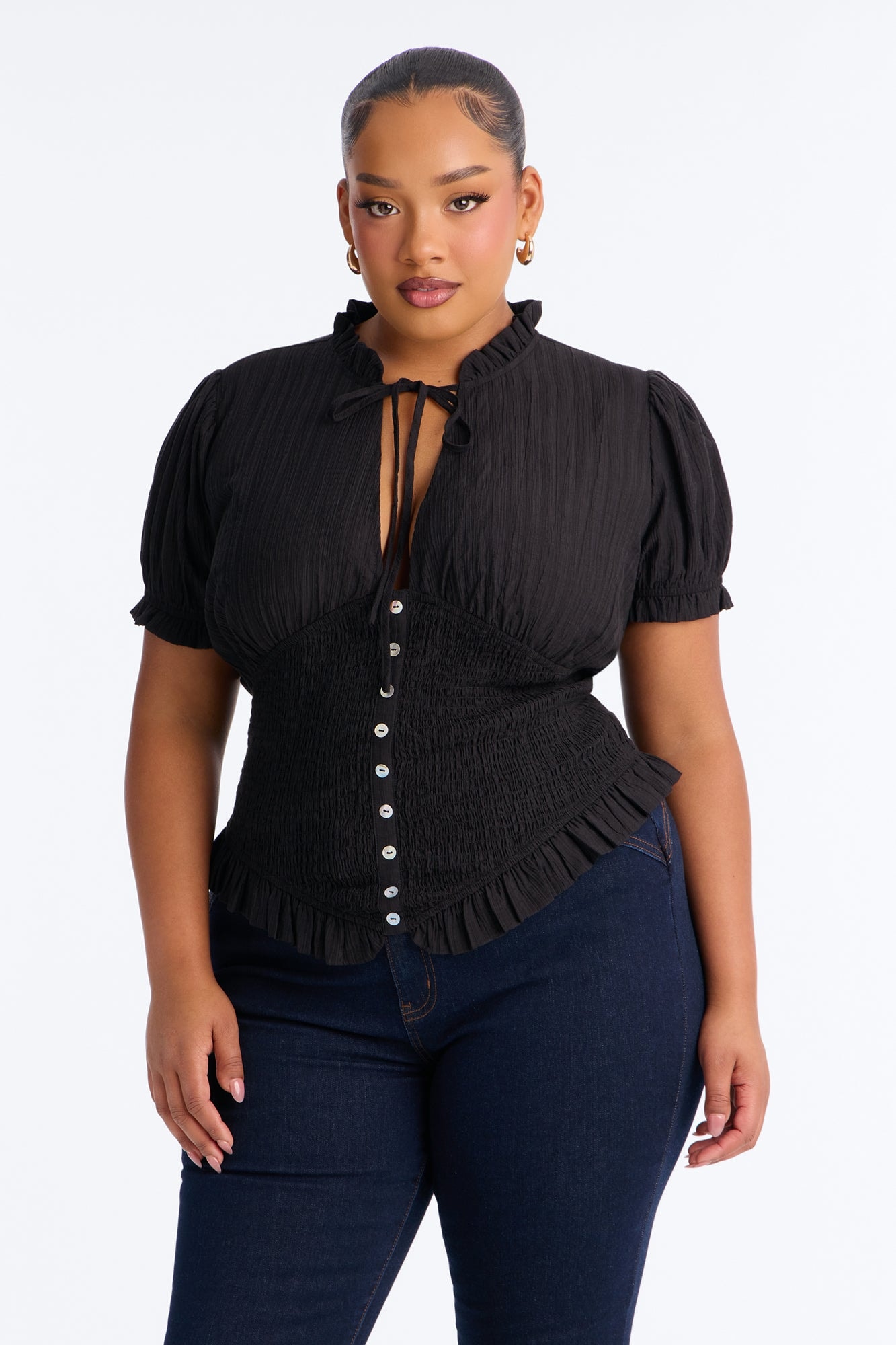 Give To You Smocked Puff Sleeve Blouse - Black image 1