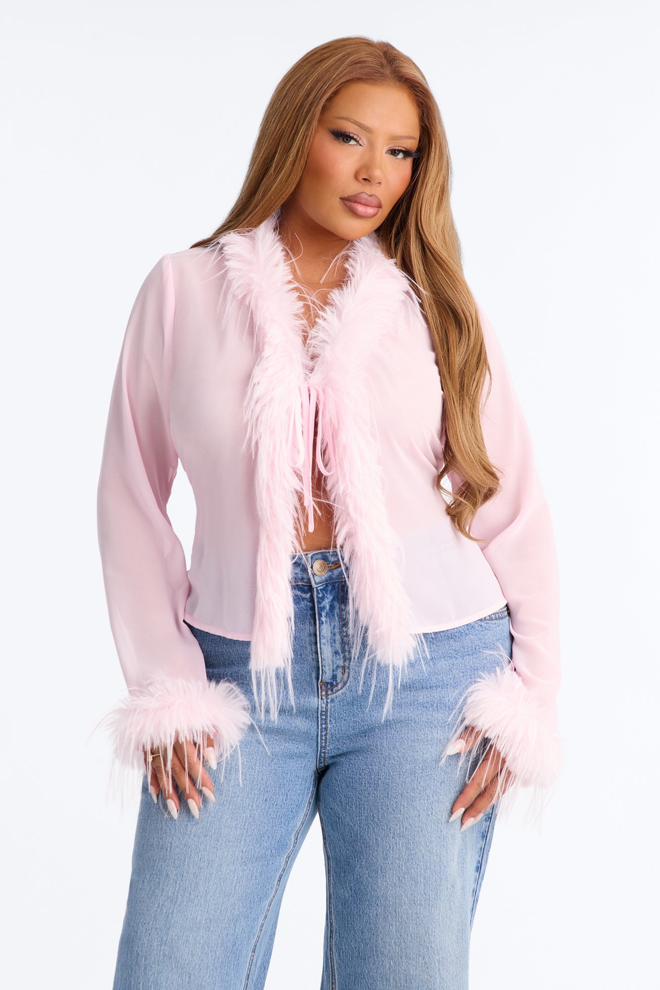 Simple Life Flyaway Fur Trim Top - Pink image 1