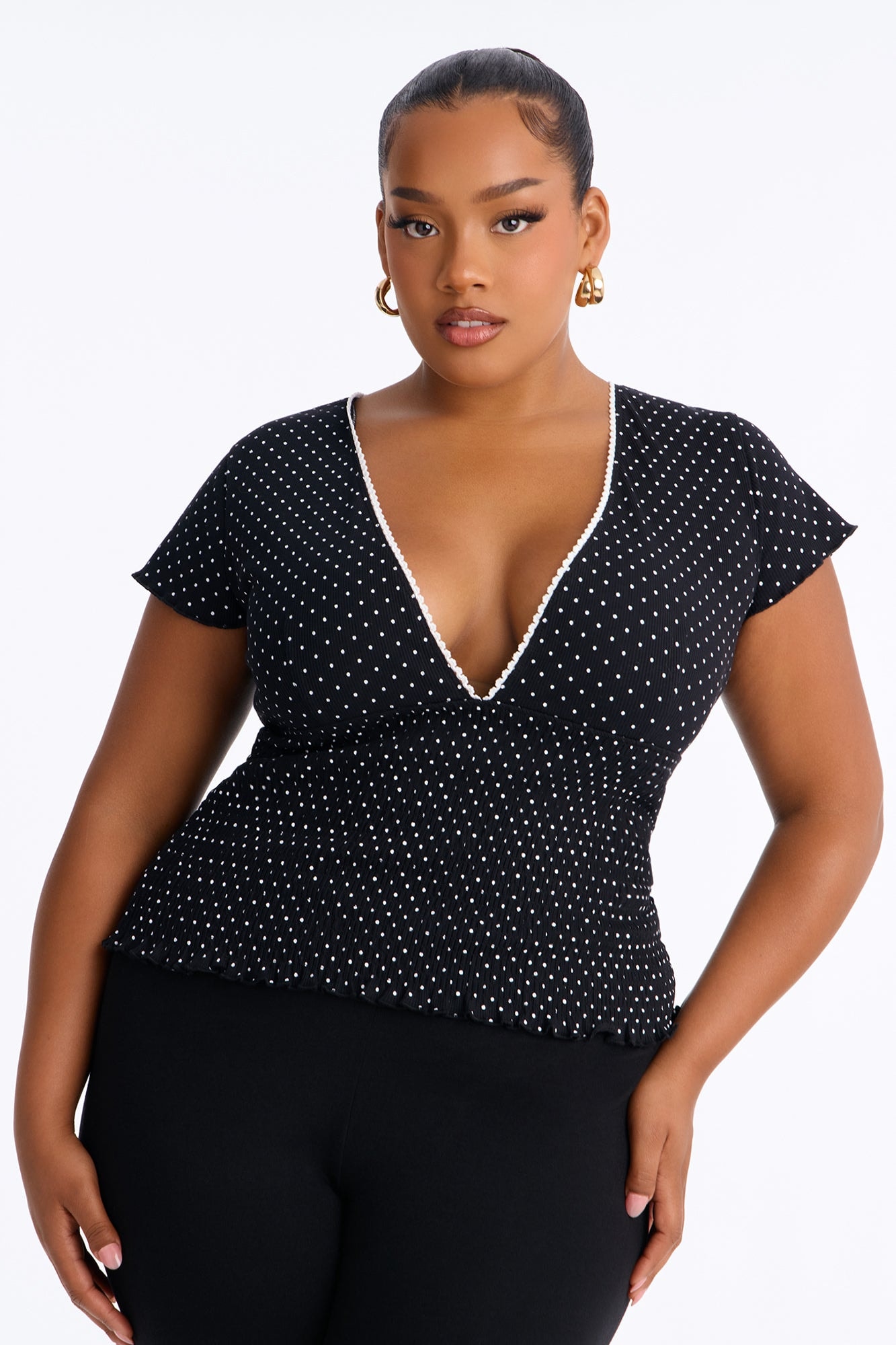 Marie Polka Dot Short Sleeve Smocked Top - Black/combo image 1