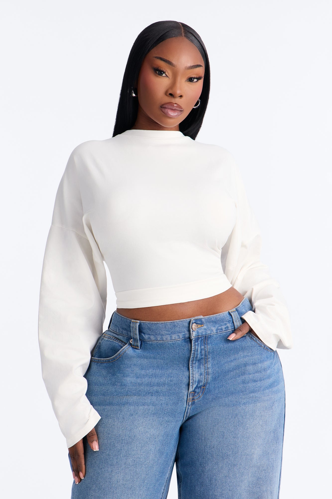 Krissy Cinched Waist Long Sleeve T-Shirt - Cream image 1