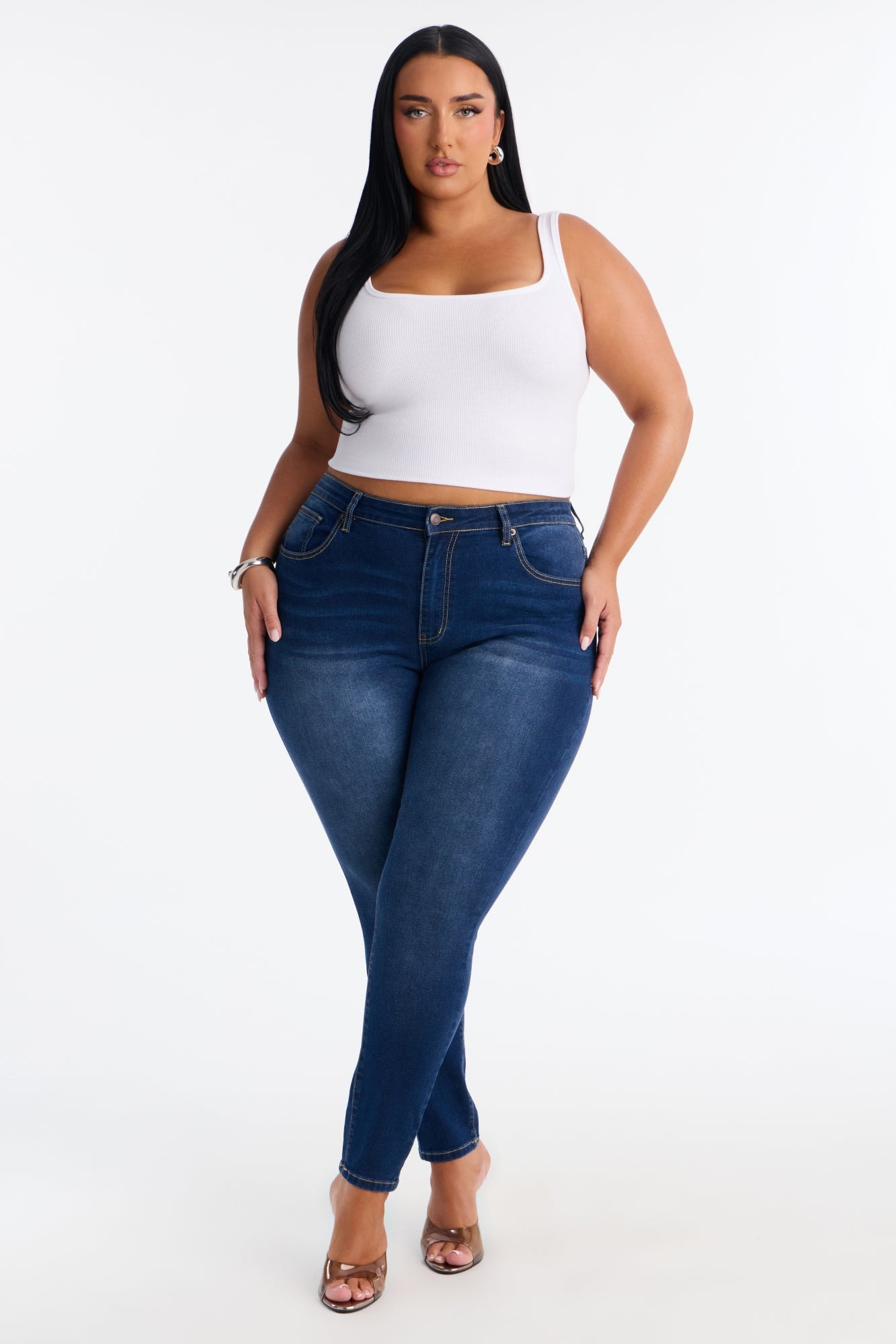 Going Uptown Mid Rise Stretch Skinny Jeans - Dark Wash image 1