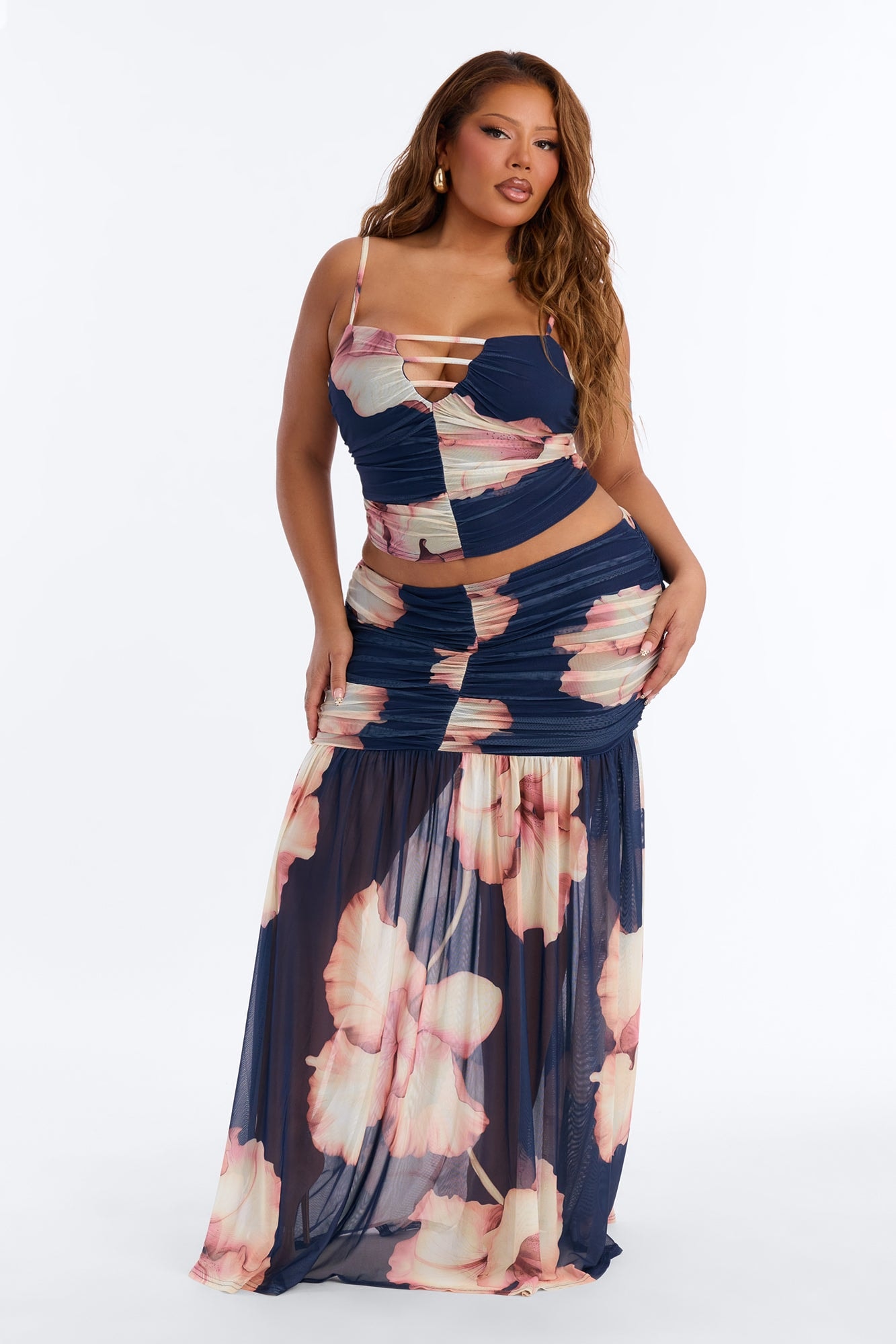 Hallie Floral Mesh Maxi Skirt Set - Navy/combo image 1
