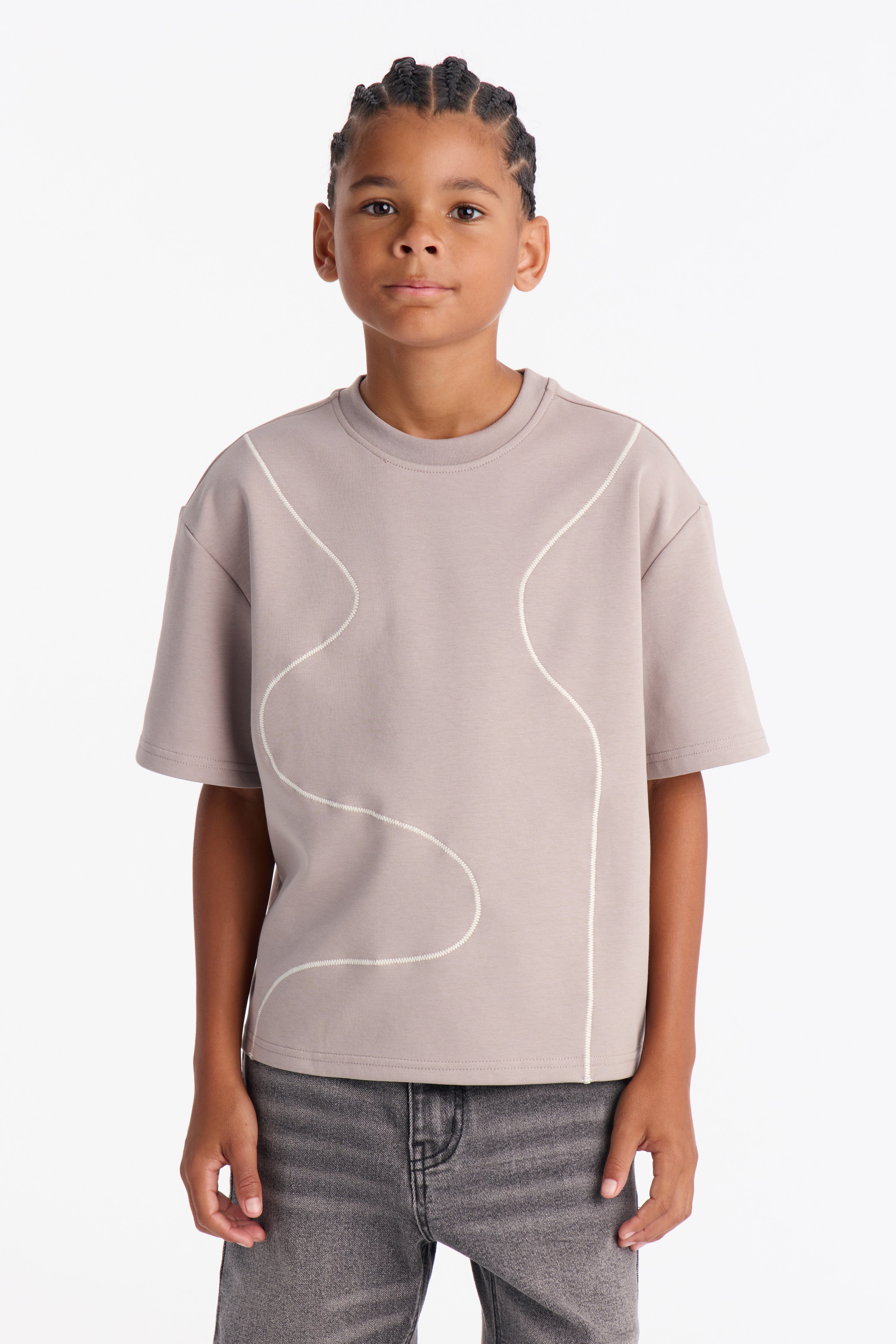 Mini Vertical Wavy Contrast Stitch Boxy Cropped Tee - Taupe image 1