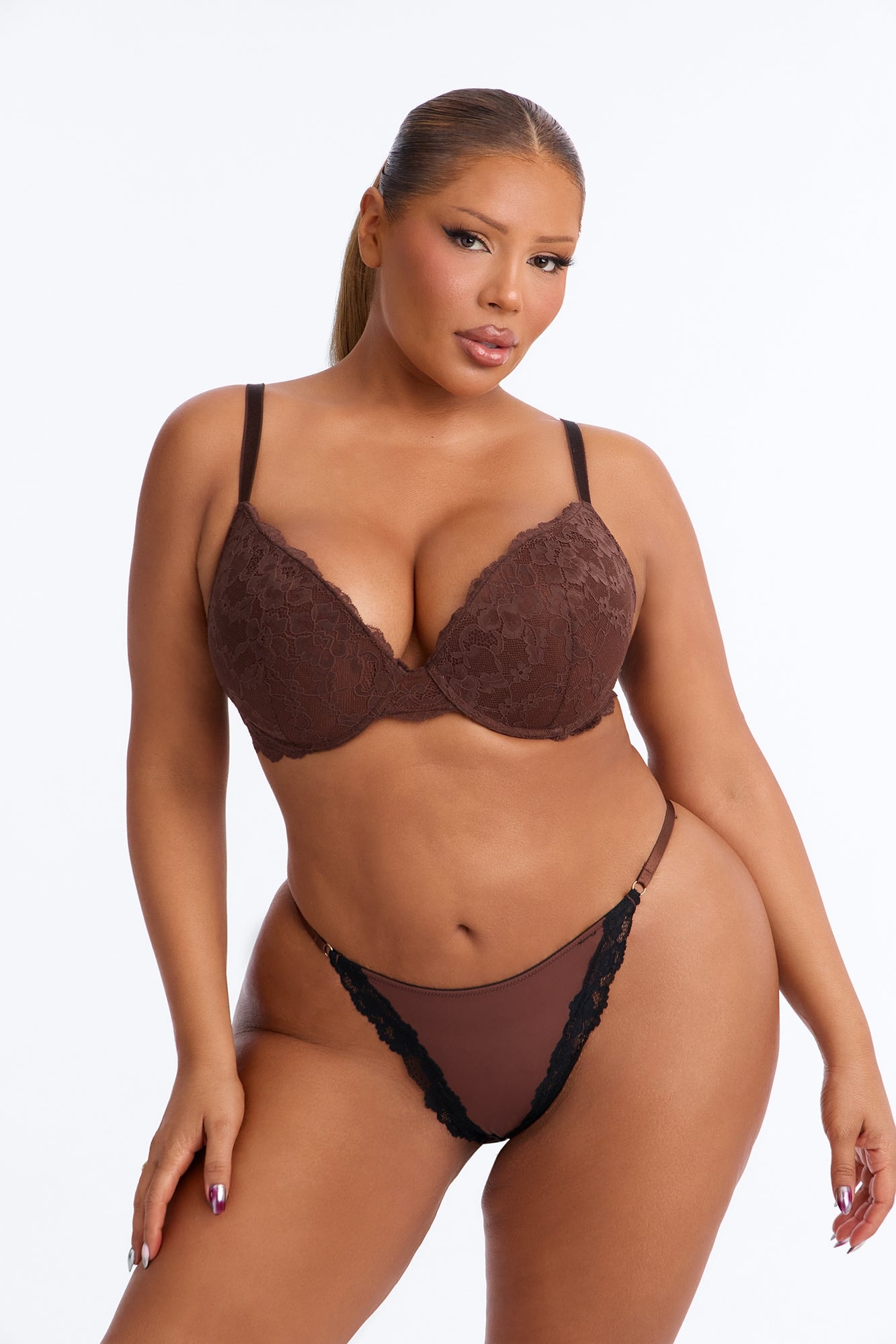 Dress Shiny Smooth Lace Trim Thong - Chocolate image 1