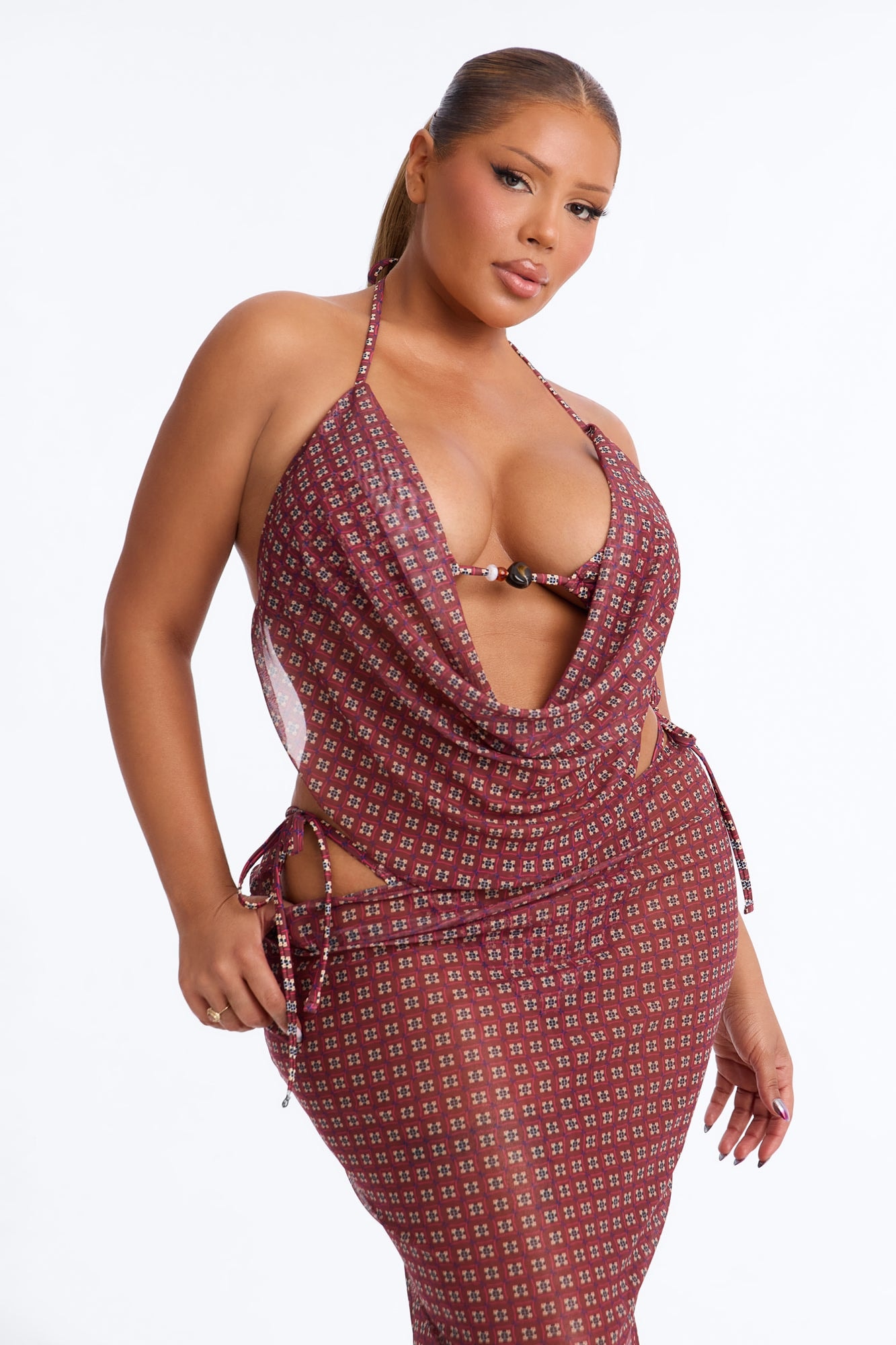 Lola Beaded 3 Piece Triangle Bikini & Mesh Cover Up Skirt Sunsuit - Brown/combo alternate