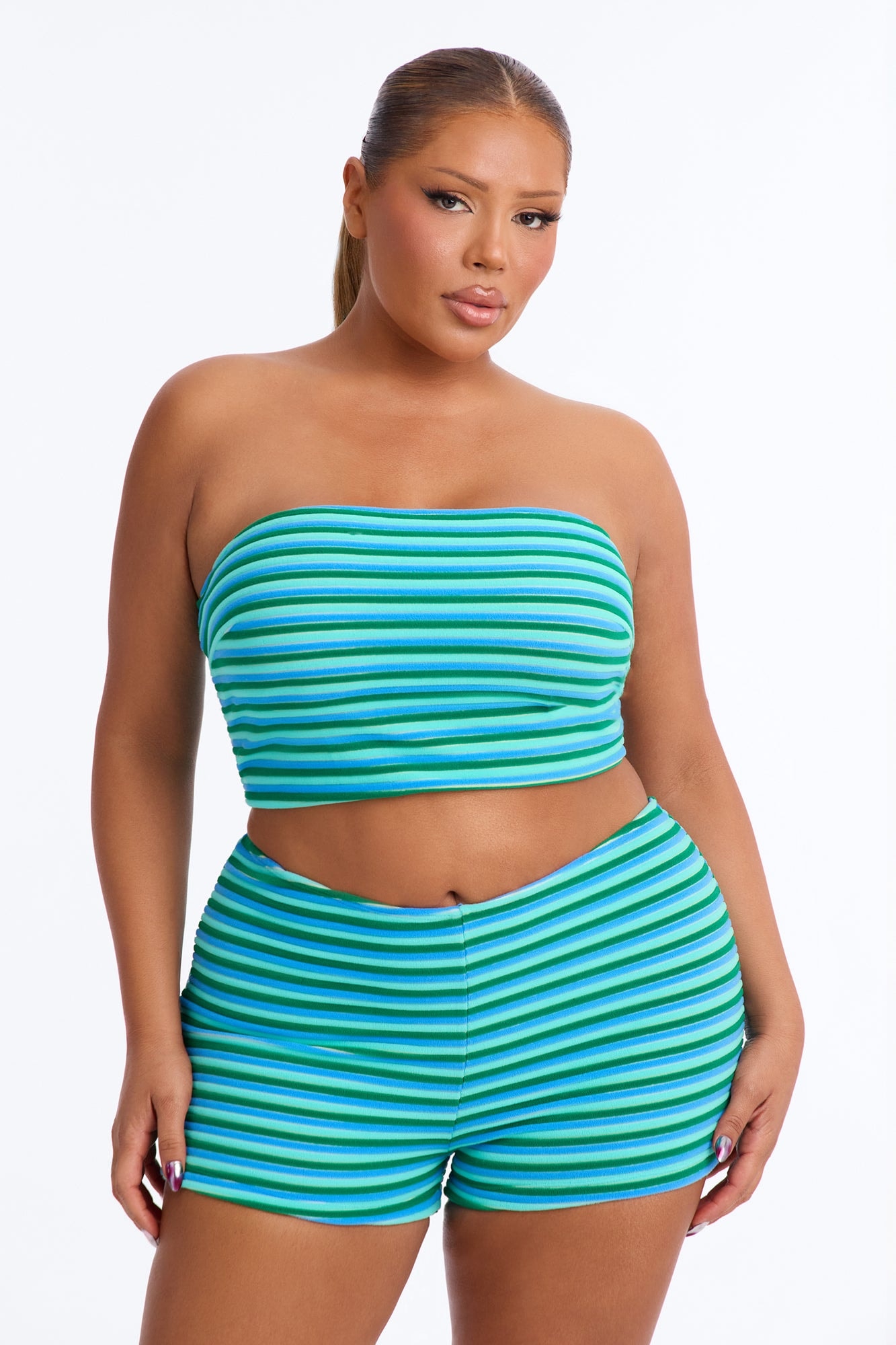 Ivana Striped 2 Piece Bandeau Bikini & Boy Short Set - Blue/combo image 1