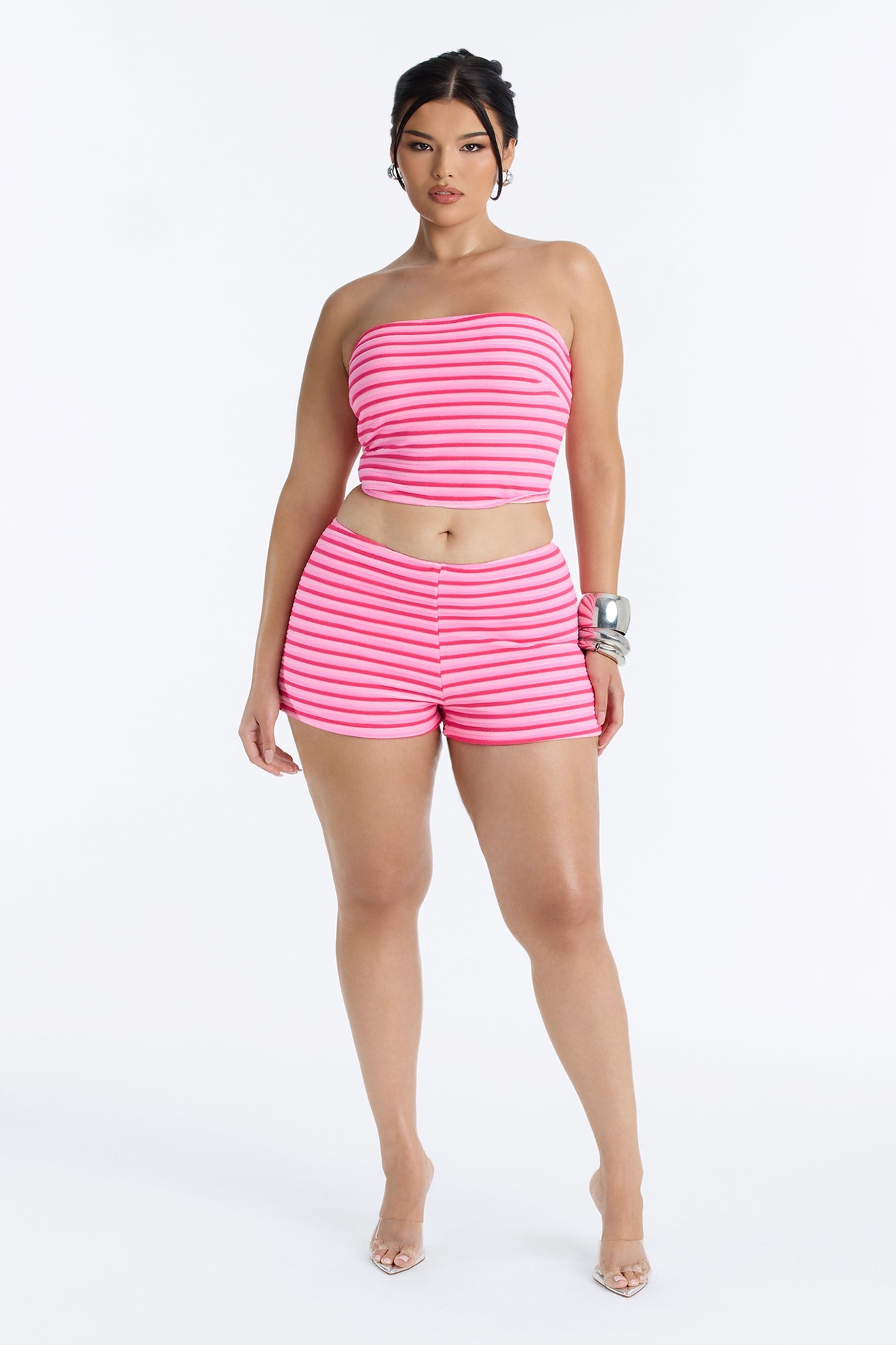 Ivana Striped 2 Piece Bandeau Bikini & Boy Short Set - Pink/combo alternate