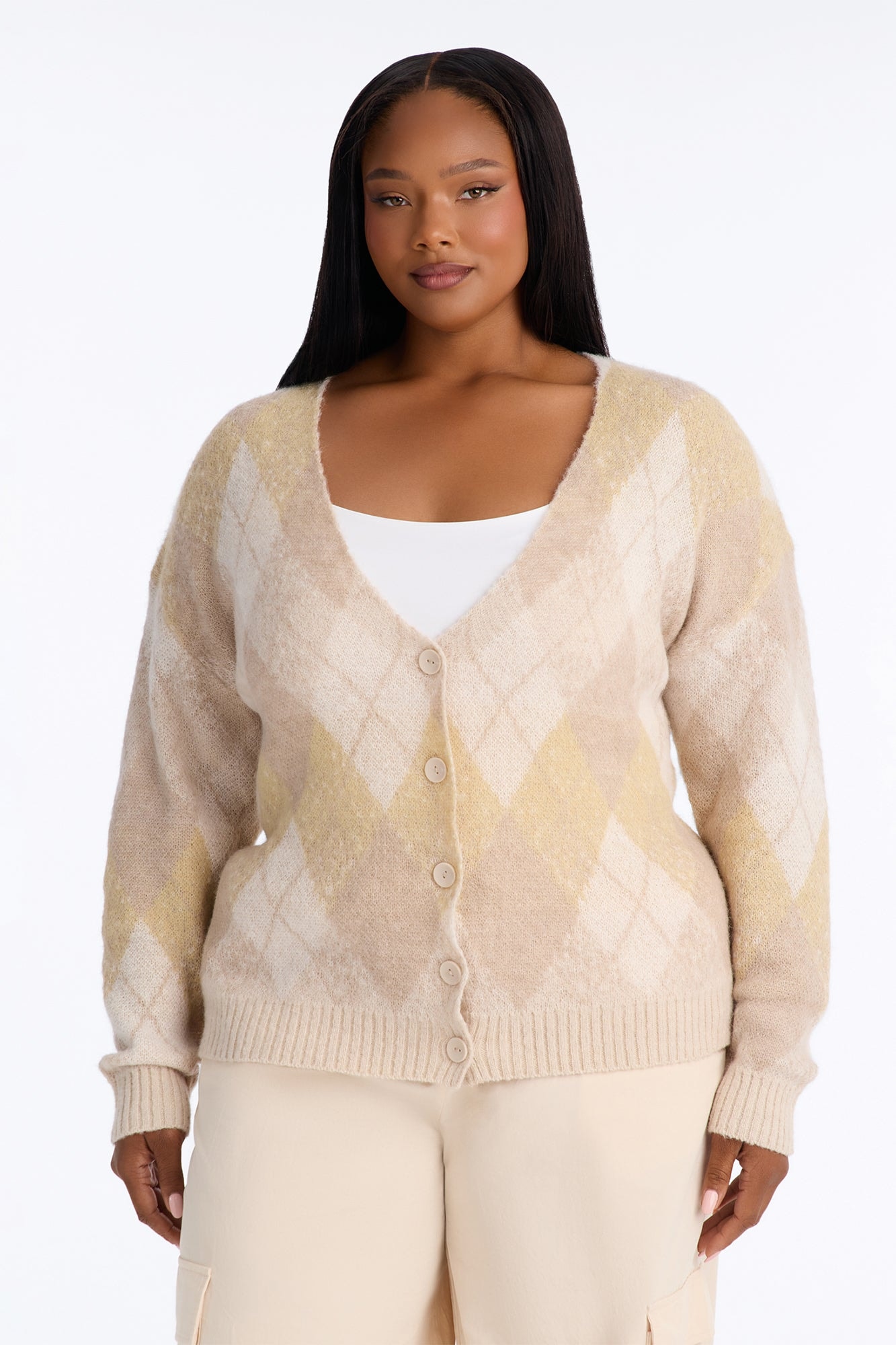 Artsy Argyle Cardigan - Oatmeal/combo image 1