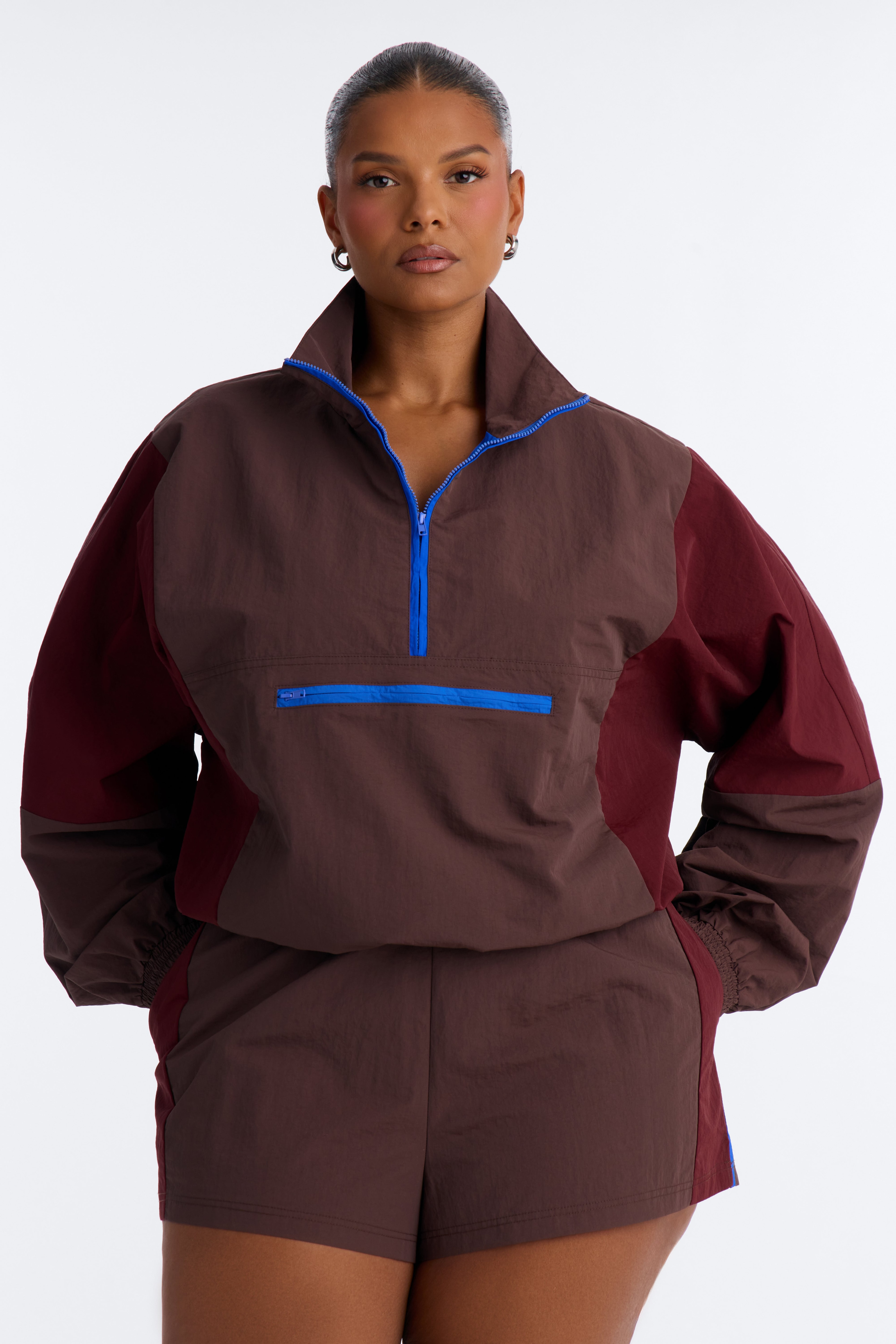 Color Block Funnel Neck Windbreaker Jacket - Brown/combo image 1