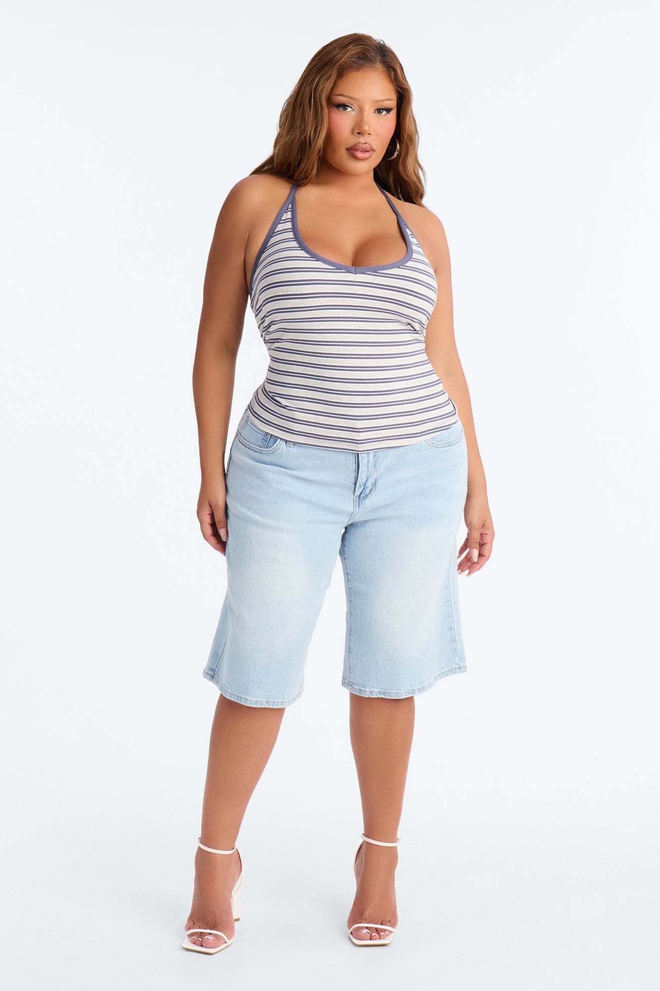 Kaylee Striped Ribbed Halter Top - HeatherGrey image 1