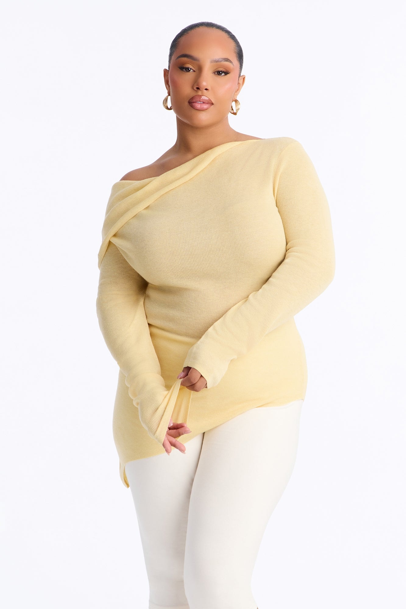Gabrielle Off Shoulder Twist Long Sleeve Sweater - ButterYellow image 1