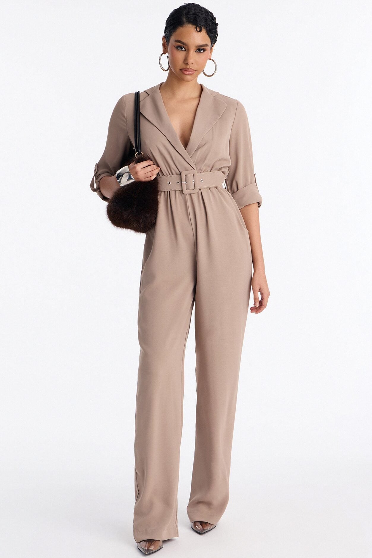 Running Around Belted Straight Leg Jumpsuit - Taupe image 1