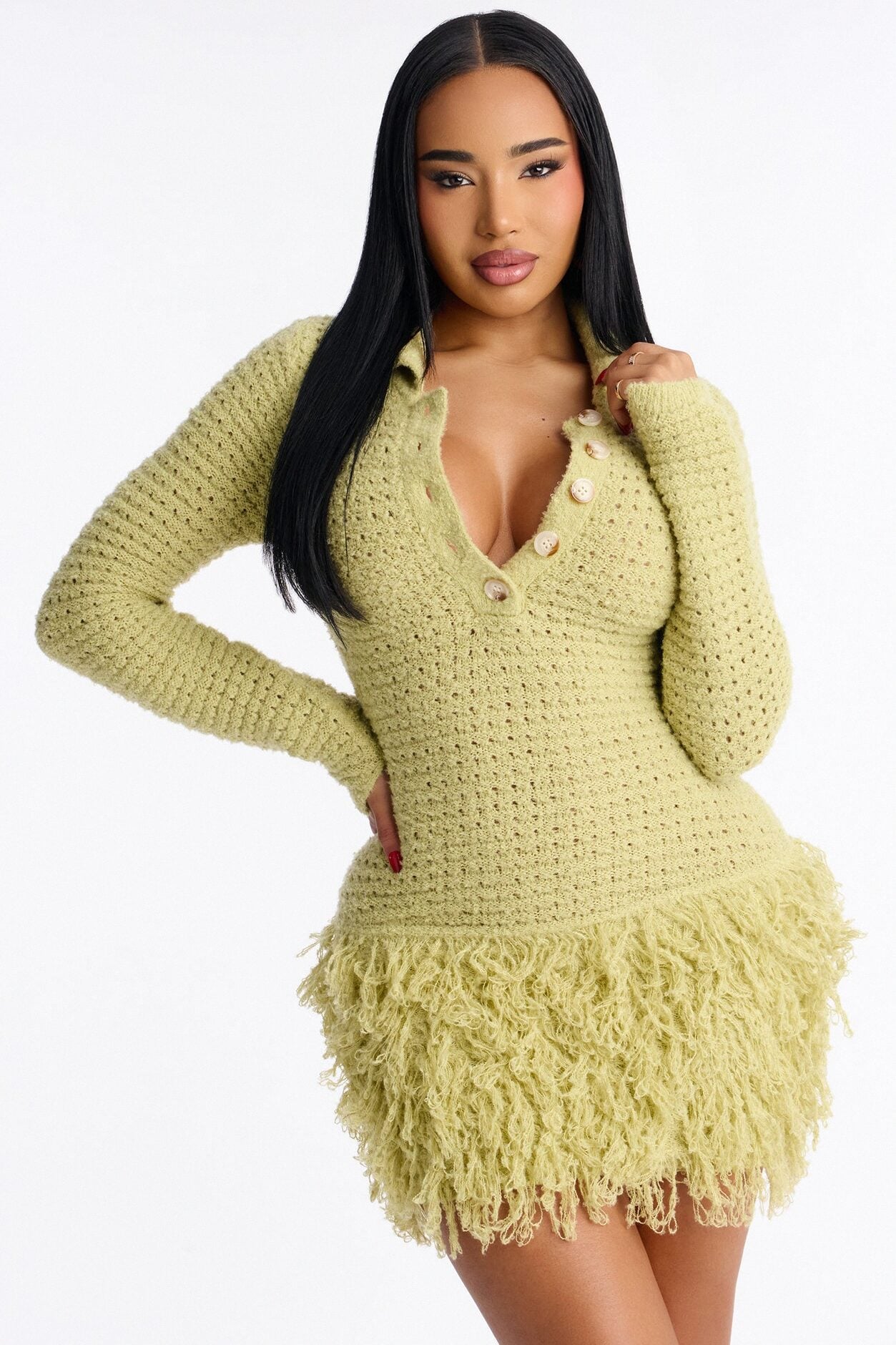 Forever Yours Fringe Trim Sweater Mini Dress - Chartreuse image 1
