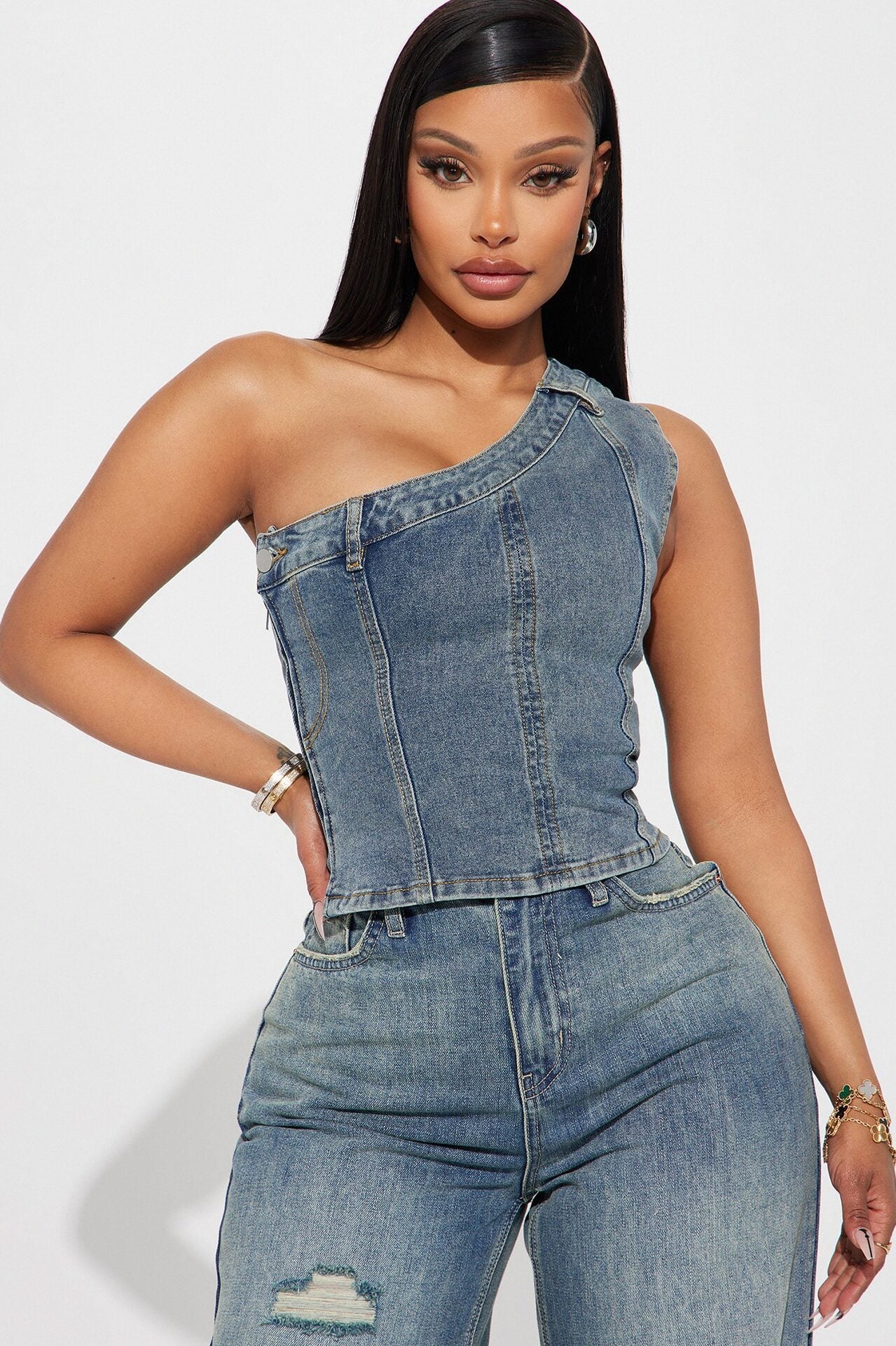 I'm Different Denim Top - Medium Wash image 1