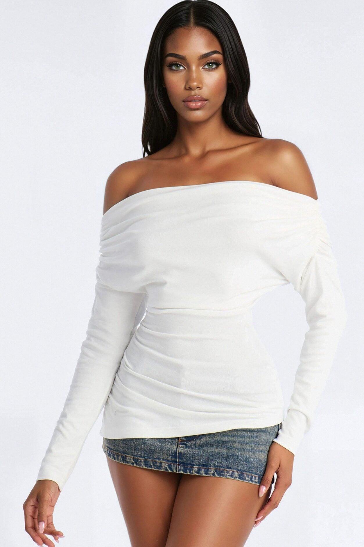 Rebecca Off Shoulder Ruched Long Sleeve Top - White image 1