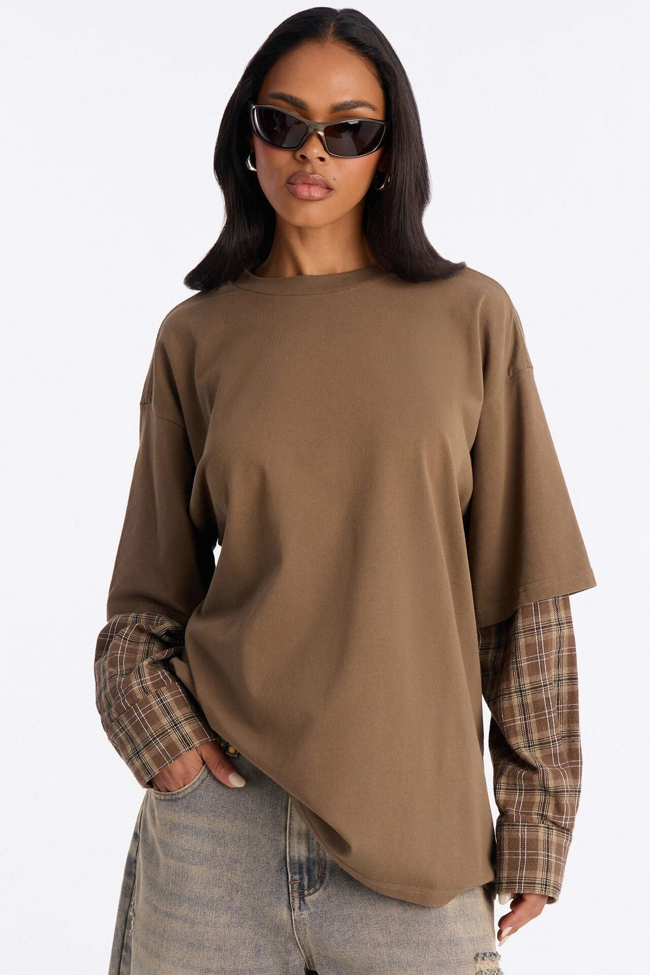 Stole Your Boyfriends Oversized Plaid Long Sleeve T-Shirt - Brown/combo image 1