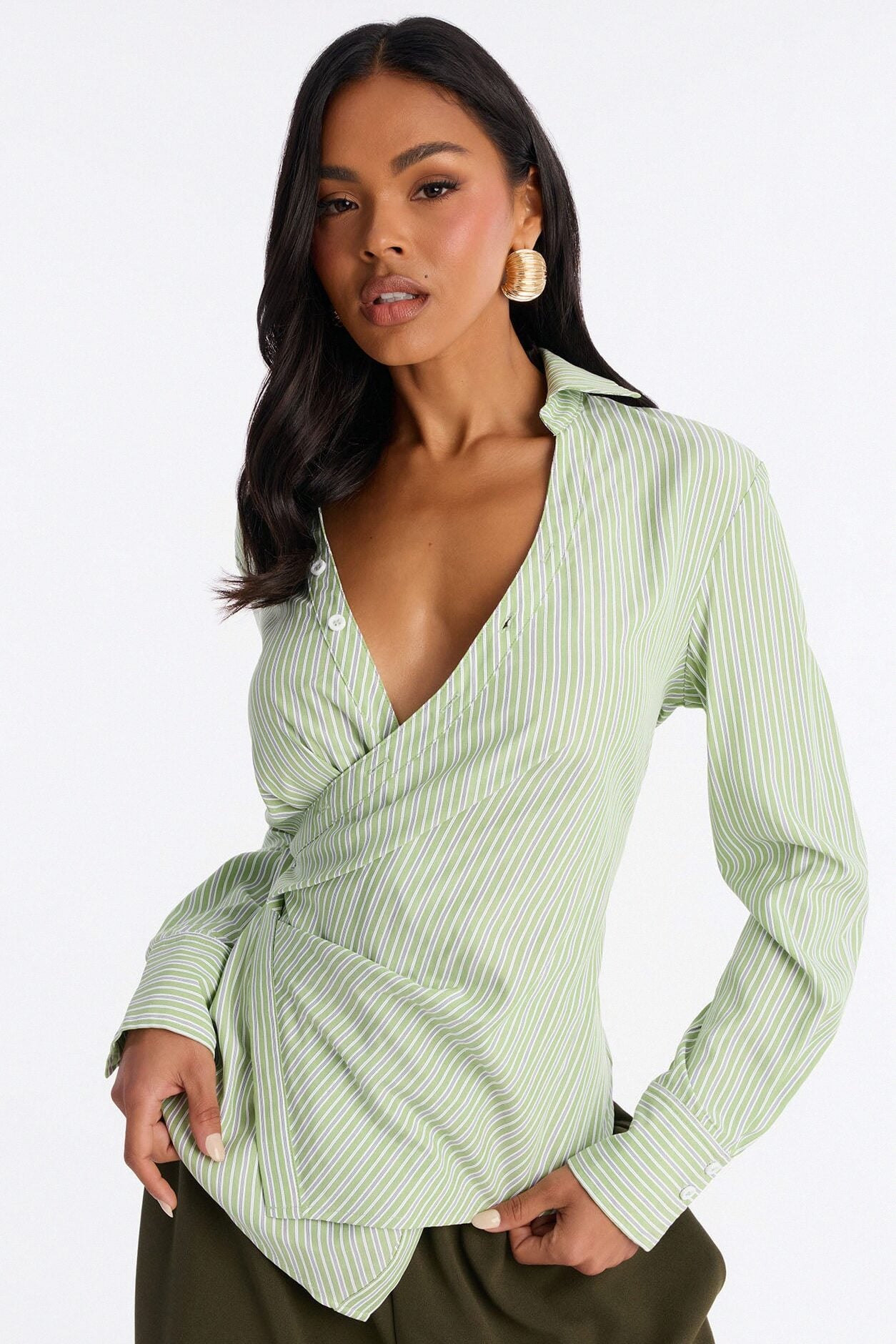 Savanna Wrap Over Striped Poplin Shirt - Green/combo image 1