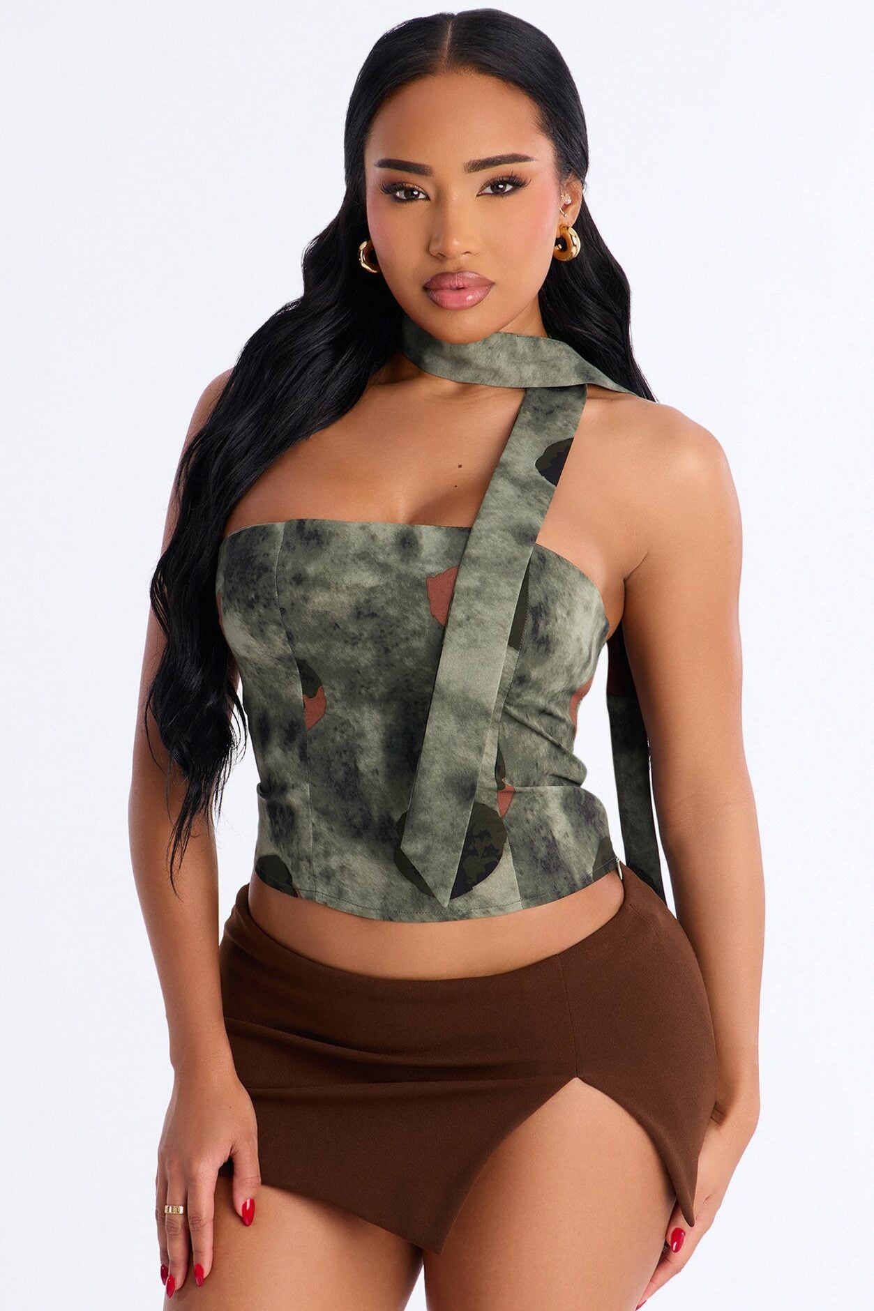 Talking Crazy Printed Scarf Satin Top Set - Green/combo image 1