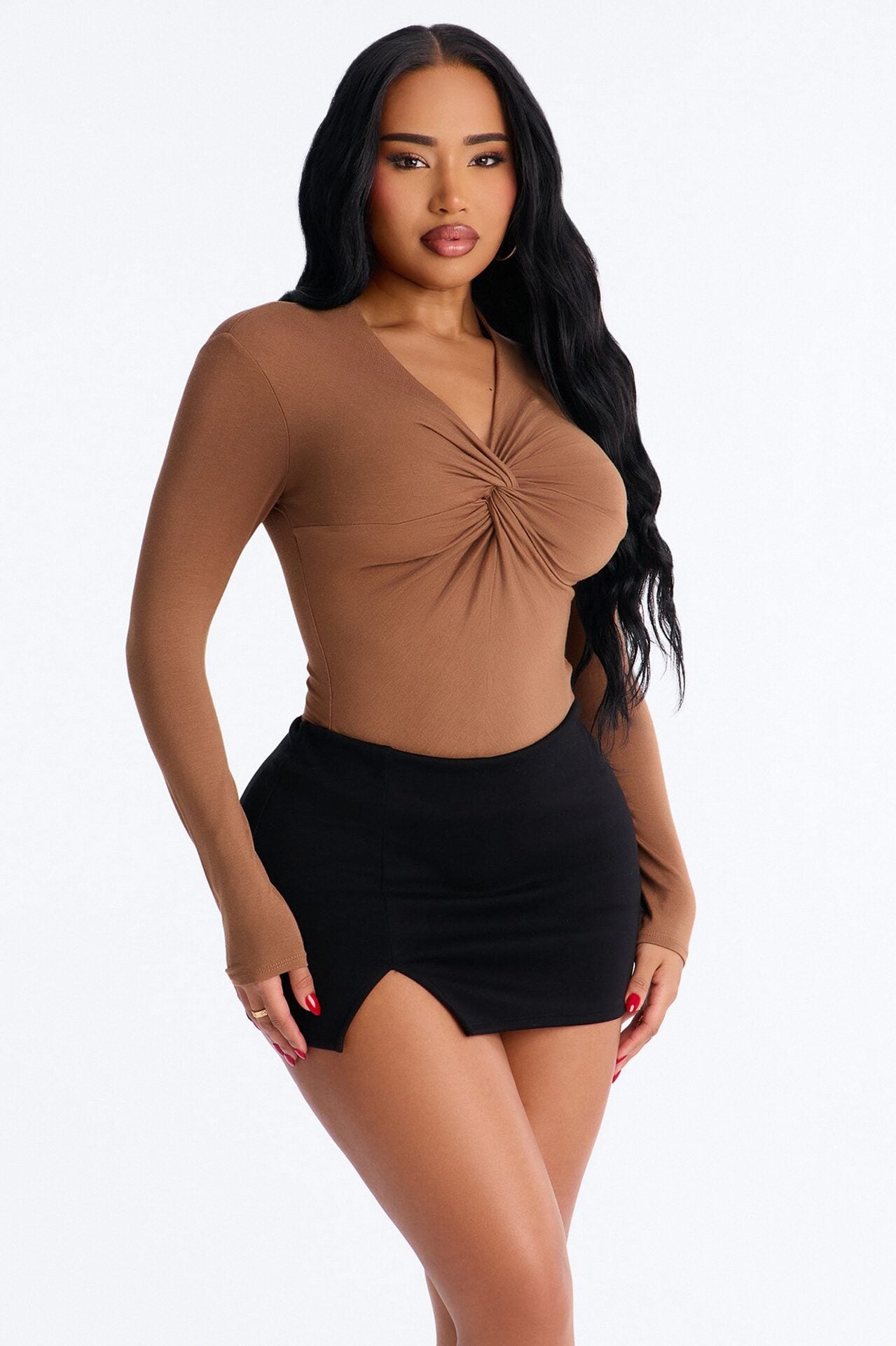 Pure Twist V-Neck Long Sleeve Top - Mocha image 1