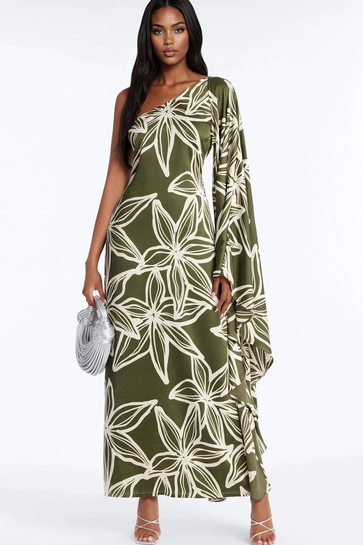 Maeve One Shoulder Satin Maxi Dress - Olive/combo image 1