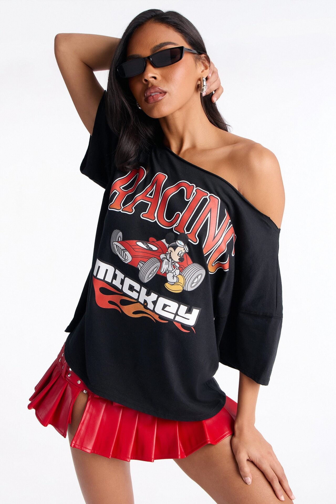 Mickey Racing Off Shoulder Tee - Black image 1